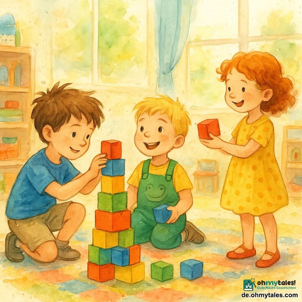 Es gibt 3 Charaktere: Ein Junge namens Lio, etwa 6 Jahre alt, mit zerzausten braunen Haaren, trägt ein blaues T-Shirt und eine beige Shorts, hockt und platziert einen bunten Block auf einen Turm. Ein Junge namens Emil, etwa 6 Jahre alt, mit blonden Haaren und funkelnden Augen, trägt eine grüne Latzhose mit Froschmuster, sitzt neben Lio und hält einen weiteren Block in der Hand. Ein Mädchen namens Nora, etwa 6 Jahre alt, mit lockigem rotem Haar, trägt ein gelbes gepunktetes Kleid, steht neben dem Turm, lächelt und reicht Emil einen roten Block. Der Ort ist ein heller Spielraum in einem Kindergarten mit großen Fenstern, die Sonnenlicht hereinlassen. Der Boden ist mit einem bunten Teppich bedeckt, und Regale voller Spielzeug und Bücher rahmen den Raum ein. In der Mitte wird ein großer Turm aus bunten Blöcken gebaut. Die Hauptsituation zeigt die Kinder, die freudig zusammenarbeiten, um den höchsten Blockturm zu bauen. Die leuchtenden Farben der Blöcke kontrastieren mit dem sanften Sonnenlicht, das durch das Fenster hereinfällt, und schaffen eine warme und freundliche Atmosphäre. Die Kinder sind konzentriert, aber lächelnd, was den Geist der Zusammenarbeit und der zweiten Chance widerspiegelt.