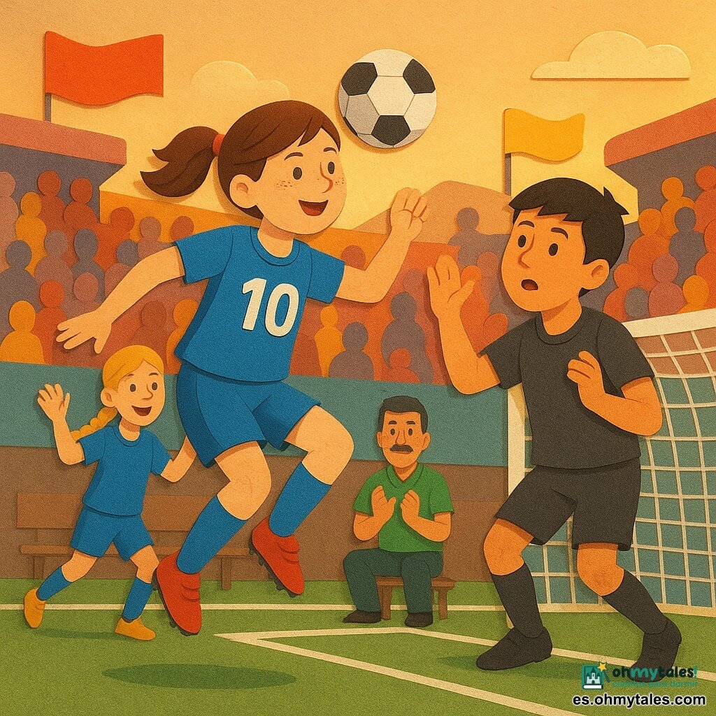 Clara, niña de unos 12 años, rostro redondo con pecas, pelo castaño en coleta, expresión decidida y alegre, en pleno salto cabeceando el balón; viste camiseta azul vivo con número blanco, piernas dobladas y brazos abiertos; a su derecha, un defensa rival de unos 13 años, más alto, pelo corto negro, mirada concentrada y sorprendido, intentando bloquear tarde; a la izquierda y algo detrás, Sara, compañera de 12 años con trenza rubia y sonrisa, corriendo hacia la portería con manos alzadas; en la banda, el señor López, entrenador de unos 45 años con bigote gris y ropa deportiva verde, aplaudiendo junto al banquillo; estadio pequeño y acogedor con césped verde texturizado, líneas blancas, porterías con redes dibujadas en papel recortado, gradas de papel de colores llenas de siluetas de niños y padres sonrientes y banderolas rojas y amarillas; luz suave de final de tarde, sombras largas y tonos cálidos que contrastan con el azul de la camiseta; momento decisivo: el balón describe una trayectoria curva hacia la esquina de la portería, tensión, movimiento y una atmósfera de alegría inminente y energía colectiva.