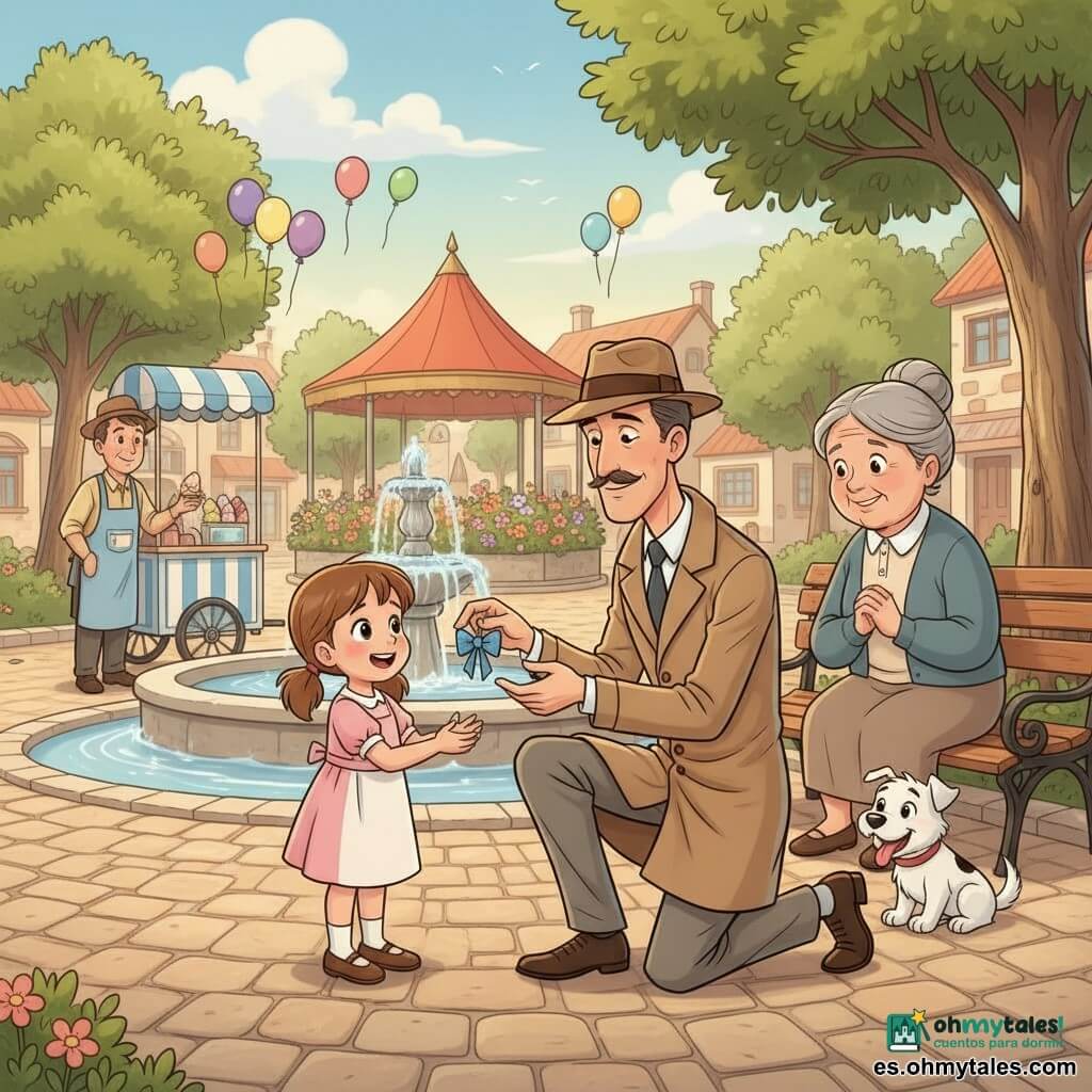 Un detective alto y delgado de unos cuarenta años, rostro amable con fina mostacha, gabardina color arena y sombrero, se arrodilla para entregar un pequeño lazo azul reparado; una niña de 7 años, Eva, cabello castaño recogido, ojos grandes y brillantes y vestido claro, emocionada y alegre toma el lazo cerca del detective; la abuela Carmen, mujer de unos 70 años con pelo gris en moño y ropa sobria, manos juntas y rostro aliviado, está detrás de Eva junto a un banco; un perro pequeño blanco con una mancha negra, Nube, sentado junto a un paseante sonriente que lo acaricia; un vendedor de helados de unos 50 años con pequeño sombrero y delantal junto a un carrito azul a rayas blancas observa la escena con dulzura; la plaza del pueblo tiene una fuente redonda en el centro, un quiosco de flores, pavimento claro, árboles frondosos, algunos transeúntes y globos a lo lejos; momento cálido de finales de la mañana con luz suave, colores vivos y atmósfera reconfortante y amigable.