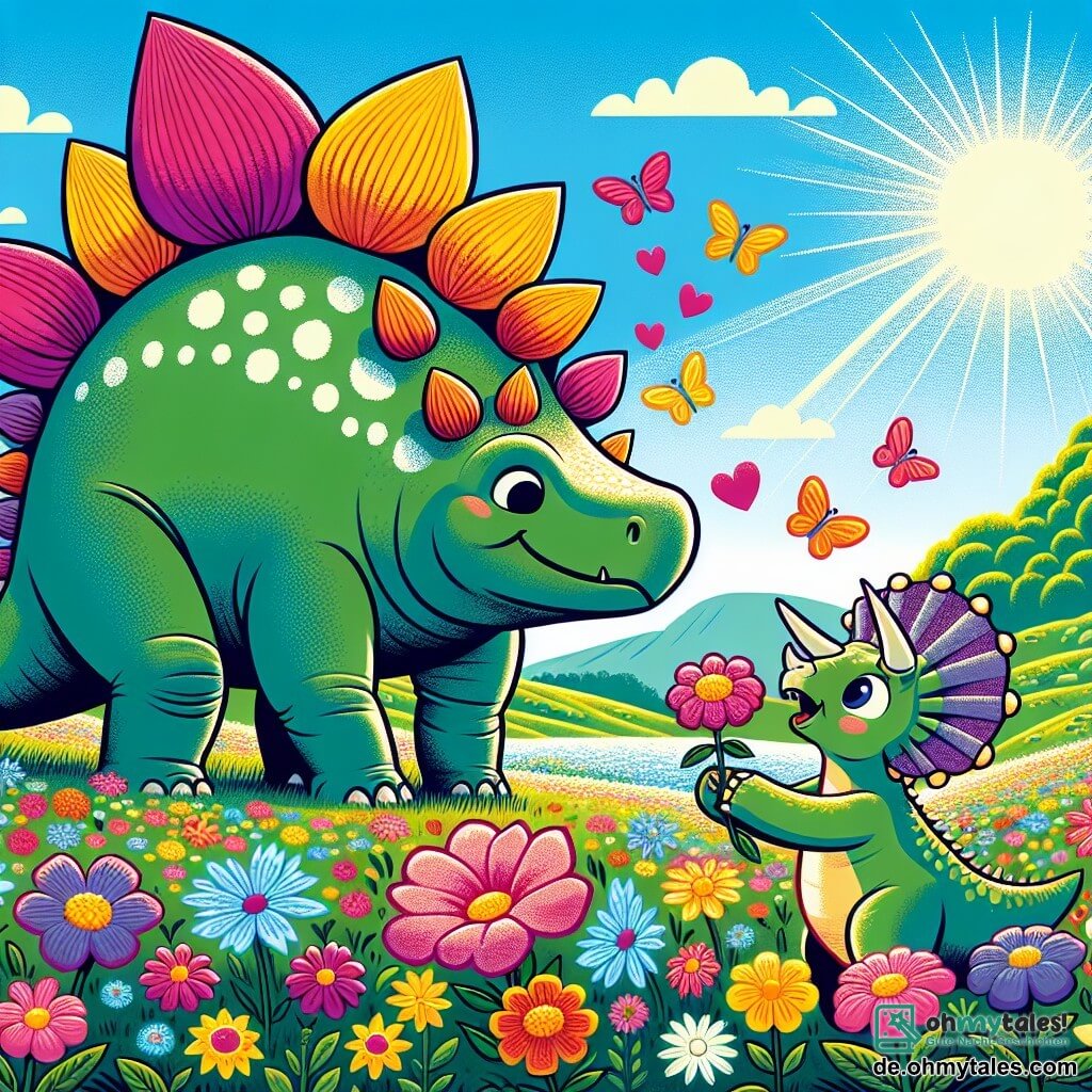 Ein großer Stegosaurus mit bunten Platten auf dem Rücken und einem fröhlichen Lächeln steht in einem Feld voller leuchtender Blumen. Neben ihm hebt ein kleiner Triceratops mit drei Hörnern auf der Stirn und funkelnden Augen begeistert ein Bein, um eine schöne Blume zu pflücken. Die Landschaft ist ein weitläufiges, grünes Tal, übersät mit bunten Blumen, unter einem hellblauen Himmel, in dem die Sonne scheint. Die Hauptszene zeigt die beiden Dinosaurier, die einen schönen Blumenkranz kreieren, der ihre Freundschaft symbolisiert, während Blütenblätter in der sanften Brise um sie herumfliegen.