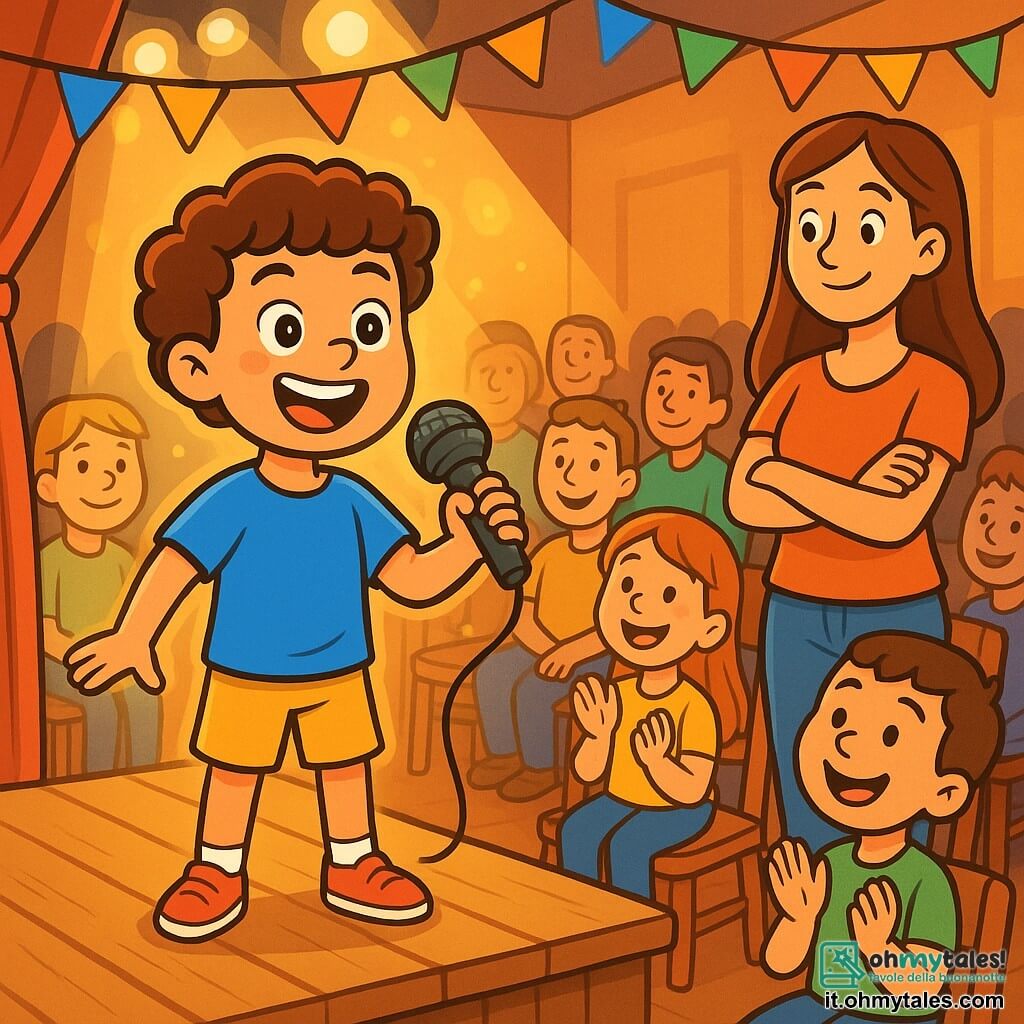 Un ragazzo di 8 anni, con capelli castani e ricci, con un grande sorriso che irradia orgoglio, si trova su un palco di legno, indossando una maglietta blu brillante e pantaloni corti gialli. Tiene un microfono in mano, con gli occhi brillanti di eccitazione e fiducia. Accanto a lui, sua madre, una donna sulla trentina con capelli lunghi e castani, lo osserva con uno sguardo ammirato, le braccia incrociate, in piedi tra il pubblico, circondata da volti sorridenti. Il luogo è una sala spettacoli accogliente, decorata con festoni colorati e piena di sedie di legno, con bambini e genitori seduti, tutti catturati dalla performance. Il palco è illuminato da riflettori scintillanti, creando un'atmosfera magica. La scena principale mostra il ragazzo che canta con passione, la sua voce risuonando nella sala, mentre il pubblico applaude con entusiasmo, creando un'atmosfera di gioia e celebrazione.