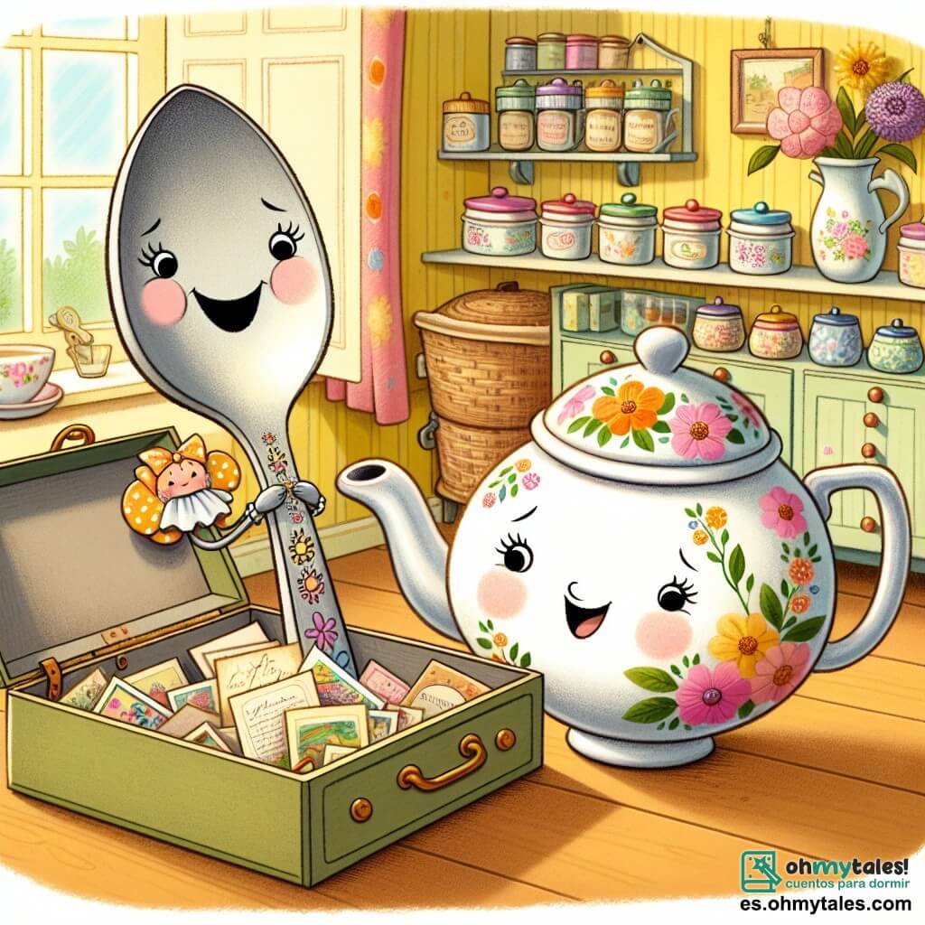 Oliberta, una cucharita de metal con una brillante sonrisa y un largo mango curvado, está llena de alegría y emoción mientras descubre una caja llena de recuerdos en un cajón de cocina. A su lado, Tilly, una hermosa tetera de porcelana blanca con coloridos patrones florales, observa con una mirada sabia y amigable, sonriendo con ternura mientras sostiene un pequeño libro de recetas. La escena se desarrolla en una cocina cálida y acogedora, con paredes pintadas de amarillo pastel, estanterías llenas de tarros de especias coloridos y una gran ventana que deja entrar la luz del sol, iluminando la habitación con un suave resplandor. La situación principal muestra a Oliberta y Tilly descubriendo cartas antiguas y fotografías amarillentas, rodeadas de flores frescas y una tarjeta hecha a mano, listas para preparar una emotiva sorpresa para el Día de la Madre.