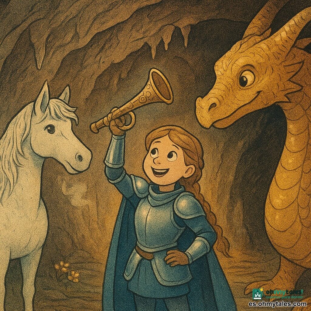 Una joven caballera valiente y sonriente con armadura de acero bruñido de reflejos azulados y trenza, sostiene una antigua corneta de latón con motivos de nubes, orgullosa y asombrada junto a su caballo blanco Estrella de crin plateada; un gran dragón de escamas doradas y mirada cálida la protege inclinándose hacia ella. La entrada de una cueva rocosa con estalactitas brillantes, vapor y luz dorada al fondo, suelo húmedo con pequeñas flores luminosas; composición centrada con ligero contrapicado heroico, estilo de ilustración simple y amable para niños de 6 años.