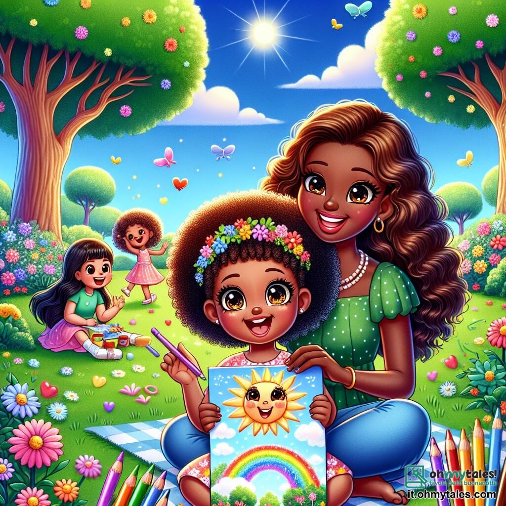 Una bambina di 2 anni, Mia, con grandi occhi scintillanti e capelli ricci, è seduta sull'erba verde, circondata da colori vivaci. Sorride felicemente, tenendo un disegno del sole tra le manine. Accanto a lei, sua madre, una donna di circa trent'anni con capelli lunghi e castani, la guarda con un sorriso affettuoso, seduta su una coperta da picnic. Tiene un libro illustrato ed è felice di condividere questo momento con sua figlia. Il luogo è un parco estivo, pieno di fiori colorati e alberi maestosi, sotto un cielo blu chiaro con alcune nuvole bianche. I bambini giocano in lontananza, aggiungendo un'atmosfera gioiosa alla scena. Mia sta disegnando un grande sole con raggi colorati, mentre sua madre la incoraggia e ammira la sua opera. L'atmosfera è piena di risate e felicità, catturando la magia delle vacanze estive.