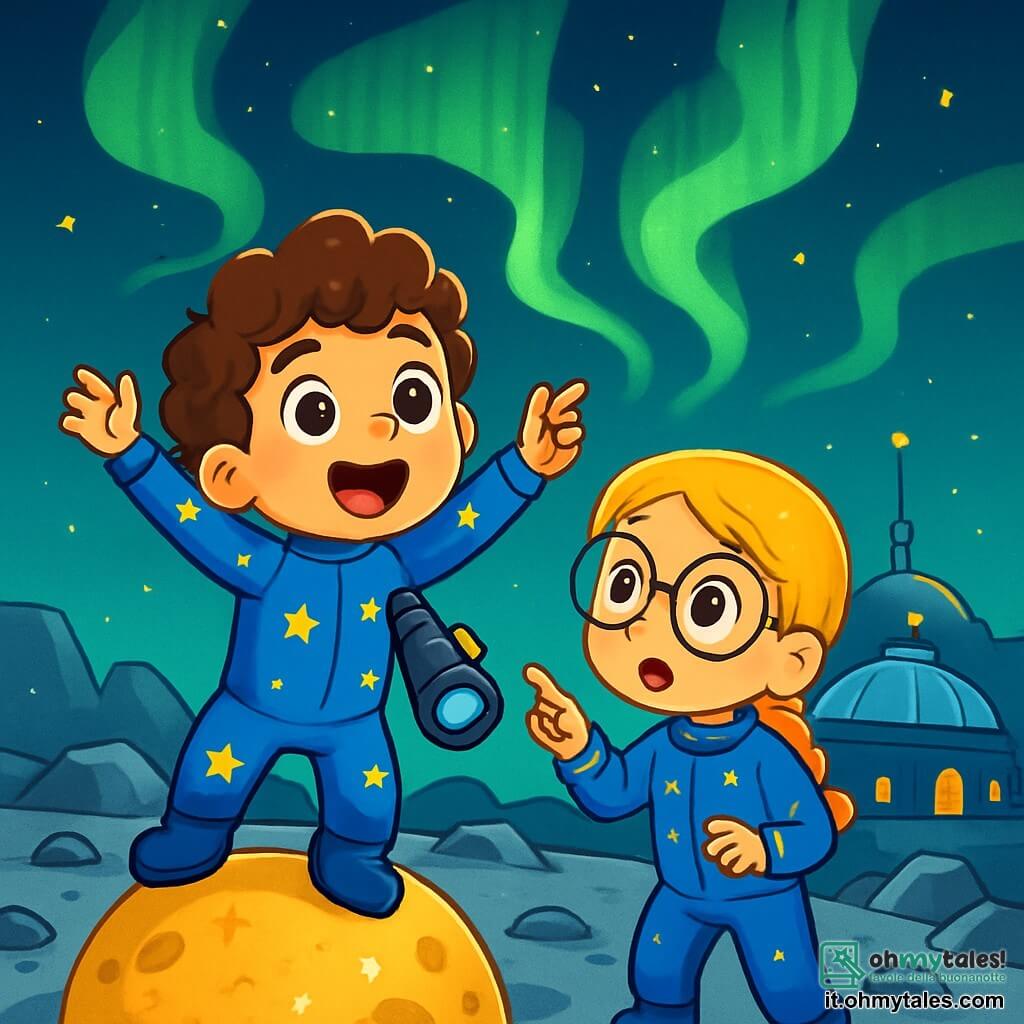 Un ragazzo di 6 anni, Leo, con capelli castani e ricci, grandi occhi meravigliati, si trova su una piccola luna scintillante, le braccia alzate in segno di eccitazione. Indossa una tuta spaziale blu decorata con stelle gialle e tiene un binocolo in una mano. Accanto a lui, la sua migliore amica Mia, una ragazza di 6 anni con capelli biondi intrecciati e occhiali rotondi, guarda anche le luci misteriose, gli occhi spalancati dalla curiosità. Il paesaggio intorno è composto da rocce argentate e crateri, sotto un cielo stellato dove danzano aurore boreali verdi. In lontananza, la Base StellaBlu brilla come un faro, con le sue cupole trasparenti e luci lampeggianti. Leo e Mia, meravigliati, puntano il dito verso le strane luci verdi che scintillano nel cielo, pronti a scoprire un nuovo mistero intergalattico.