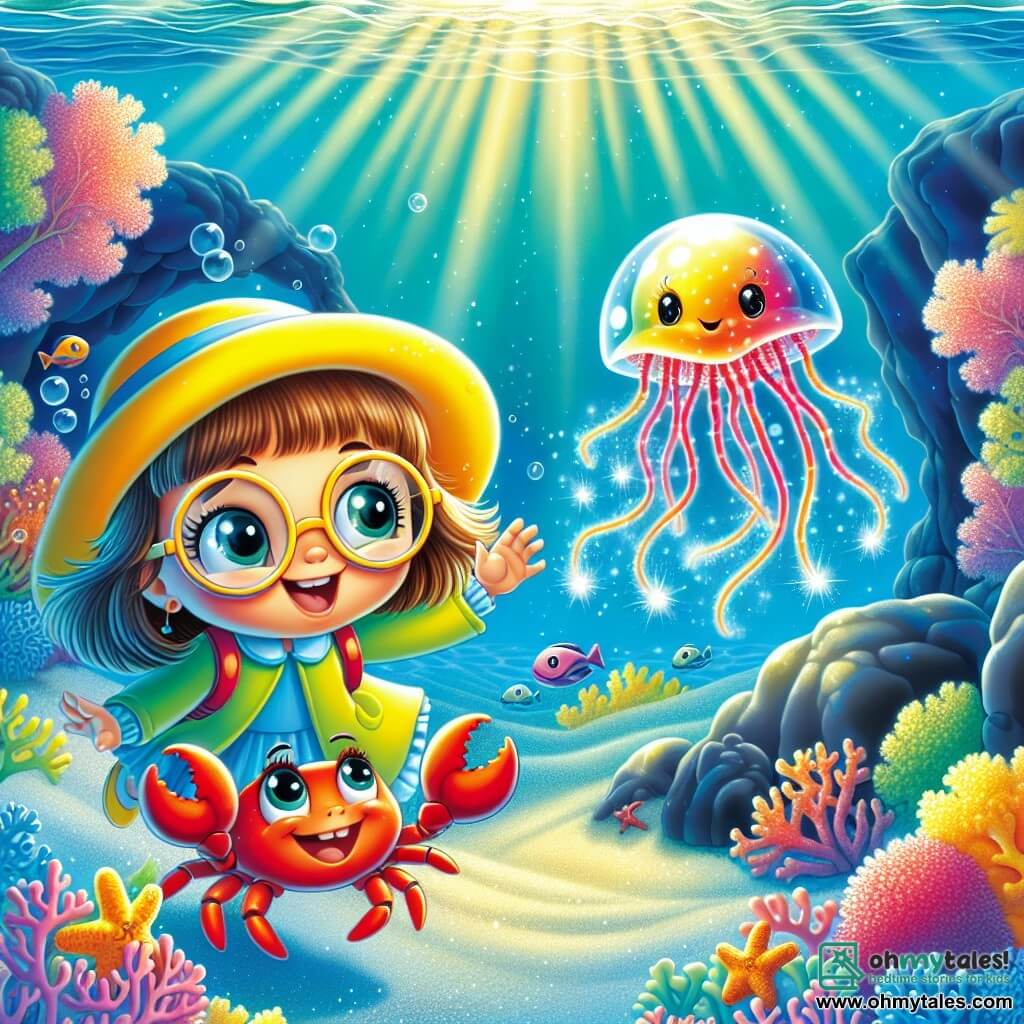 A 4-year-old girl with round glasses and a bright yellow hat is happily swimming underwater. Her face shows wonder and curiosity, with a big smile illuminated by light filtering through the waves. Beside her, a small red crab with sparkling eyes walks on the seabed, holding one of its claws towards her as if encouraging her to explore. A little further away, a glowing jellyfish floats gently, its tentacles shimmering in the clear water, adding a magical touch to the scene. The setting is a turquoise ocean filled with colorful corals and multicolored fish swimming around them. Sun rays penetrate the water's surface, creating dancing patterns on the sand. The main situation shows the girl and the crab venturing together towards a mysterious cave, where dark rocks stand at the entrance as they prepare to discover the hidden wonders inside.
