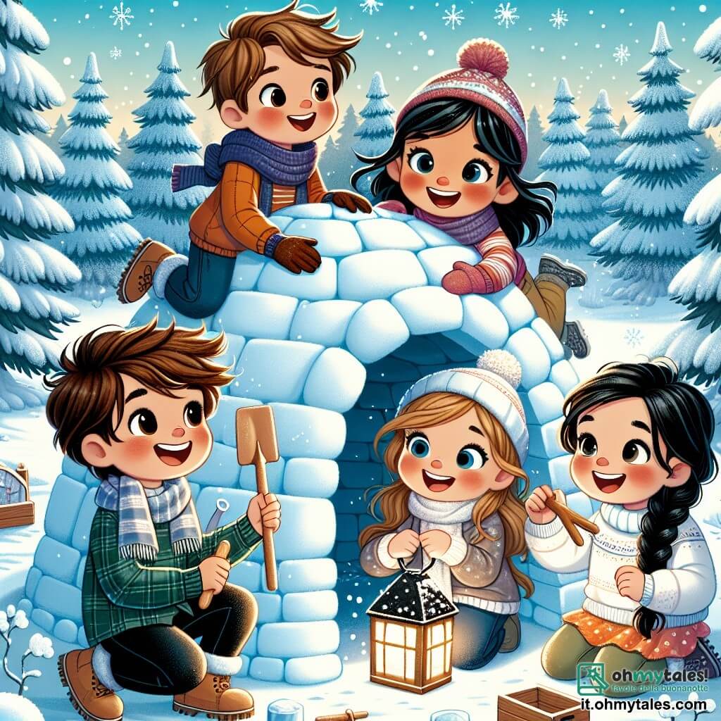 In una radura incantata, quattro amici sono insieme: Marco, un ragazzo di dodici anni con capelli castani arruffati e un grande sorriso, è seduto sulla neve con una pala di legno. Accanto a lui, Luca, un altro ragazzo di dodici anni con occhiali e capelli biondi, si piega per raccogliere neve, pronto a modellarla. Sara, una ragazza di dieci anni con lunghi capelli neri intrecciati, è in piedi con le braccia incrociate, sorridendo con entusiasmo, mentre Giulia, una ragazza di dieci anni con capelli castani e ricci, mostra una lanterna di carta che ha portato per illuminare il loro igloo. Il paesaggio è una bella radura circondata da alti abeti coperti di neve scintillante, con un cielo azzurro chiaro e alcune nuvole bianche. Al centro della scena, un igloo di neve sta prendendo forma, con muri arrotondati e una piccola entrata, mentre fiocchi di neve cadono dolcemente intorno a loro. I bambini ridono e si divertono, lavorando insieme per creare il loro rifugio segreto, simbolo di amicizia e magia invernale.