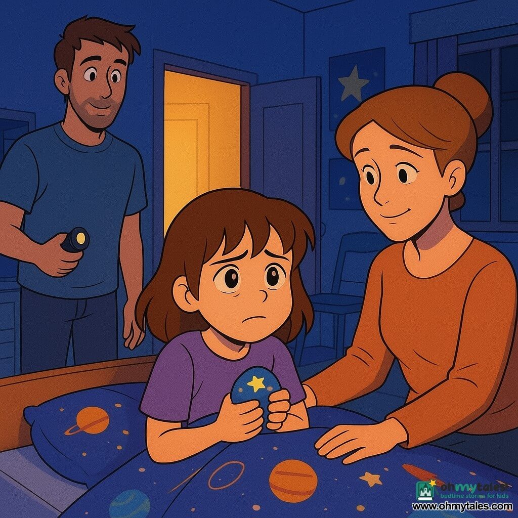 A 10-year-old girl with mid-length brown hair and bangs, a round face and large moist eyes, looking anxious but determined, clutches a small stone painted with stars while lying under a planet-patterned duvet; the mother, about 35, with light brown hair in a bun and a gentle expression, sits on the right edge of the bed with her hand on the sheet to reassure her; the father, about 37, with light stubble and a casual T-shirt, stands by the slightly open door to the left holding a small flashlight off and wearing an encouraging look; the small tidy bedroom has a bookshelf, a chair with a folded hoodie, a closed white closet, star posters and a window onto a dimly lit hallway; the star nightlight has just been turned off so soft darkness and gentle round shadows fill the room while the ajar door admits a strip of warm corridor light; warm muted palette with soft yellows for the corridor light and midnight blues and pale violets for the shadows, simple textures and clean lines in a 1990s cartoon style.