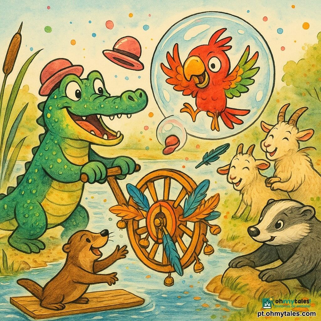 Um crocodilo protagonista, Carlito, sorridente e maravilhado, pele verde-esmeralda com pequenas escamas brilhantes, olhos risonhos, usando um pequeno chapéu redondo rosa; segura uma grande alavanca de madeira e empurra um engenho em forma de roda decorado com penas e sinos. Pipo, o papagaio de plumagem vermelha, verde e amarela, travesso, está preso numa bolha gigante transparente que brilha como vidro; abana uma asa e deixa cair uma pequena caneta preta. Lila, a lontra de pelo castanho lustroso, está numa tábua de madeira no lago, braços estendidos pronta para apanhar a bolha, sorrindo para Carlito. Bento, o texugo rechonchudo de pelos cinza e branco, empurra a tábua da margem, concentrado apoiado nas patas dianteiras. Mima e Mimo, as cabras gémeas de pêlo creme, riem abraçadas perto da roda com migalhas de bolo nos beiços. Cenário: clareira à beira de um lago brilhante, juncos verdes ondulando, céu azul-pálido, manchas de luz na água, folhas caídas e confetes de bolhas coloridas no ar. Situação: a grande bolha leva o chapéu de Carlito e Pipo, a máquina Riso-Rolante gira ao fundo soprando pequenas bolhas; todos os amigos organizam-se para apanhar a bolha numa cena alegre, dinâmica e bem-humorada. Estilo: traços de tinta nítidos, cores saturadas e vivas, texturas de penas e escamas visíveis, composição dinâmica e lúdica.