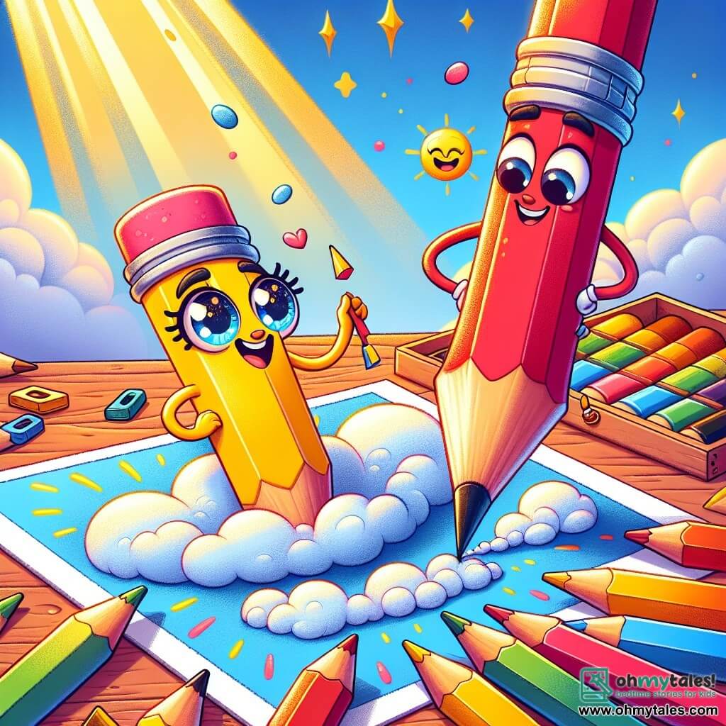 In the center of the image, Penny, a small yellow crayon with a big smile and sparkling eyes, is drawing fluffy clouds on a large sheet of paper. She looks determined and joyful, with soft, colorful features, surrounded by bright colors. On the left, Red, a tall red crayon, watches with an amazed and admiring expression; he has a sturdy appearance and stands proudly but seems a bit surprised by Penny's talent. On the right, Blue, a blue crayon, is smiling widely, his eyes shining with encouragement as he draws part of the sky, adding vibrant shades of blue. The background shows a colorful art box filled with crayons and markers, with splashes of color brightening the space. The large sheet of paper rests on a wooden table, and sunlight streams through a window, creating a warm and welcoming atmosphere. The main scene depicts Penny, the small crayon, courageously and creatively contributing to the creation of a beautiful rainbow, proving that even the smallest can achieve great things and that every color has its place in art.