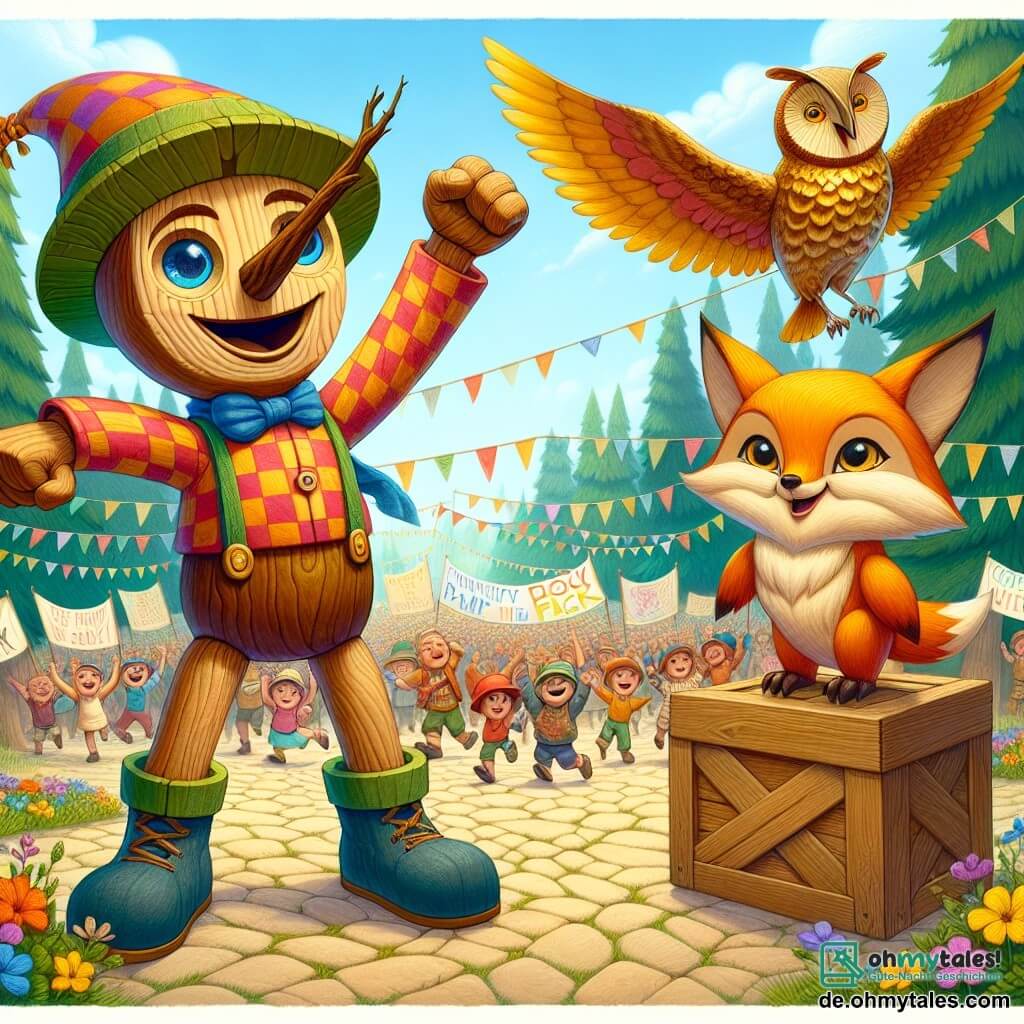 Pinocchio, ein hölzerner Junge mit einer großen, astförmigen Nase, hat ein entschlossenes Lächeln im Gesicht. Er trägt einen bunten Hut und ein kariertes Hemd und hebt die Arme siegesbewusst inmitten einer begeisterten Menge. Neben ihm fliegt eine schöne Eule mit goldenen Federn und funkelnden, weisen Augen, bereit, die Kinder zu ermutigen, ihren Park zu verteidigen. Ein kleiner, schlauer Fuchs mit leuchtend orangefarbenem Fell und schelmischen Augen steht auf einer Holzkiste und motiviert die Menge mit energischen Gesten. Die Szene spielt in einem grünen Park, voller majestätischer Bäume, bunter Blumen und einem strahlend blauen Himmel. Handgemachte Banner wehen im Wind und tragen Botschaften zur Unterstützung des Parkschutzes. Im Mittelpunkt steht Pinocchio mit seinen Freunden, die eine große Versammlung organisieren, um die Stadtbewohner zu ermutigen, sich gegen die Bedrohung eines Einkaufszentrums für ihren Park zu versammeln.