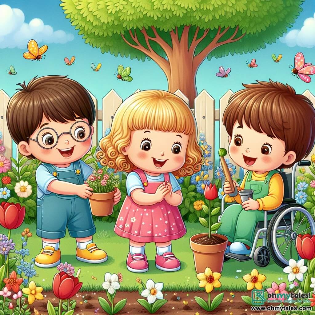 In a blooming garden, three children are playing together. Sam, a 7-year-old boy with brown hair and glasses, wears shiny yellow shoes and smiles while looking at a flower. Next to him, Mia, a 6-year-old girl with curly blonde hair, wears a pink dress and joyfully claps at the sight of a butterfly. Liam, an 8-year-old boy with chestnut hair and a warm smile, is in his wheelchair, holding a small pot of soil with a seed, his eyes sparkling with excitement. The garden is filled with colorful flowers: red tulips, white daisies, and yellow daffodils, while bees buzz around them. In the background, a large green tree provides shade, and a bird builds its nest in its branches. The children are planting seeds in the ground, surrounded by laughter and joy, discovering the beauty of spring and the importance of caring for nature.
