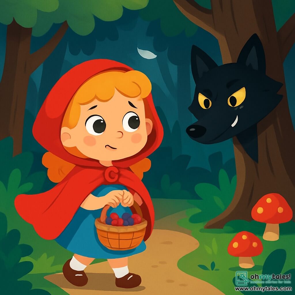A 4-year-old girl named Elsie, with big bright eyes and curly golden hair, wears a red cape that floats around her. She has a curious smile and a look that is both joyful and slightly anxious as she holds a small wicker basket filled with colorful berries. Nearby, a large black wolf with sparkling eyes hides behind a tree, its pointed ears perked up, watching Elsie with a cunning expression. The setting is a dense forest with tall, gnarled trees, vibrant green leaves, and colorful mushrooms growing on the ground. Moonbeams filter through the foliage, creating dancing shadows on the forest floor. The main scene shows Elsie, intrigued and a bit nervous, approaching a mysterious path, while the hidden wolf seems ready to pounce, adding tension to the enchanted atmosphere of the forest.