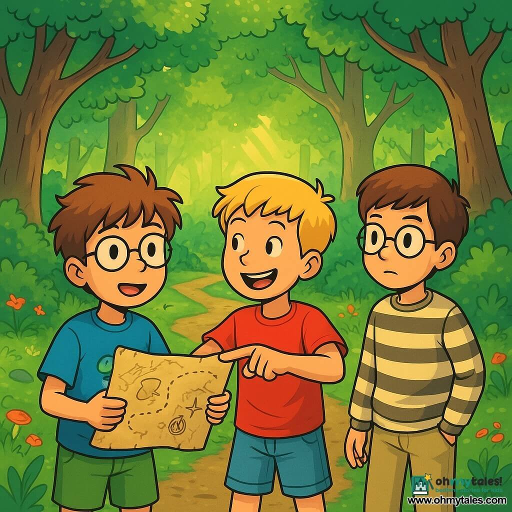 There are three characters: Milo, a 10-year-old boy with messy brown hair and glasses, wearing a blue t-shirt with a dinosaur design and green shorts, holding a treasure map with wonder. Sam, a 10-year-old boy with short blonde hair and a mischievous smile, wearing a red t-shirt and denim shorts, enthusiastically pointing at a direction on the map. Elliot, a 10-year-old boy with brown hair and round glasses, wearing a striped sweater and beige pants, slightly in the background, curiously observing the trees. The main setting is an enchanted forest filled with majestic trees, thick trunks, and vibrant green leaves, with sunlight filtering through the foliage, creating golden patterns on the moss-covered ground. Colorful flowers and strange mushrooms dot the path, while a gentle stream can be heard in the distance. The main situation shows the three friends, excited and curious, standing before a mysterious path that splits into three directions, each boy looking at the map with expressions of adventure and determination.