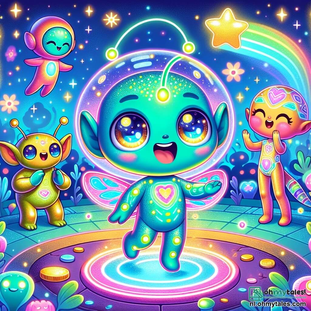 Een kleine blije alien met glinsterende turquoise huid, grote heldere ogen en een stralende staart die lichtflitsen afgeeft, staat in het midden van de afbeelding, glimlachend van verwondering terwijl hij naar een kleurrijk hologram kijkt dat voor hem zweeft. Aan zijn rechterkant danst een kleine gevleugelde creatuur met iriserende vleugels, een roze lichaam en sprankelende ogen enthousiast, terwijl haar vleugels schitteren onder het sterrenlicht. Aan zijn linkerkant applaudisseert een lange, slanke alien met een gouden huid en een brede glimlach enthousiast, met zijn armen omhoog, wat zijn opwinding toont. De scène speelt zich af op een kleurrijke planeet vol luminescente bloemen en glinsterende stenen, onder een sterrenhemel waar heldere sterren en vallende sterren de horizon verlichten. De personages vieren samen een groot vriendschapsfestival, omringd door glinsterende lichten en gelach, terwijl een hologram van een andere alien verschijnt, met een boodschap van samenwerking en intergalactische ontdekking.