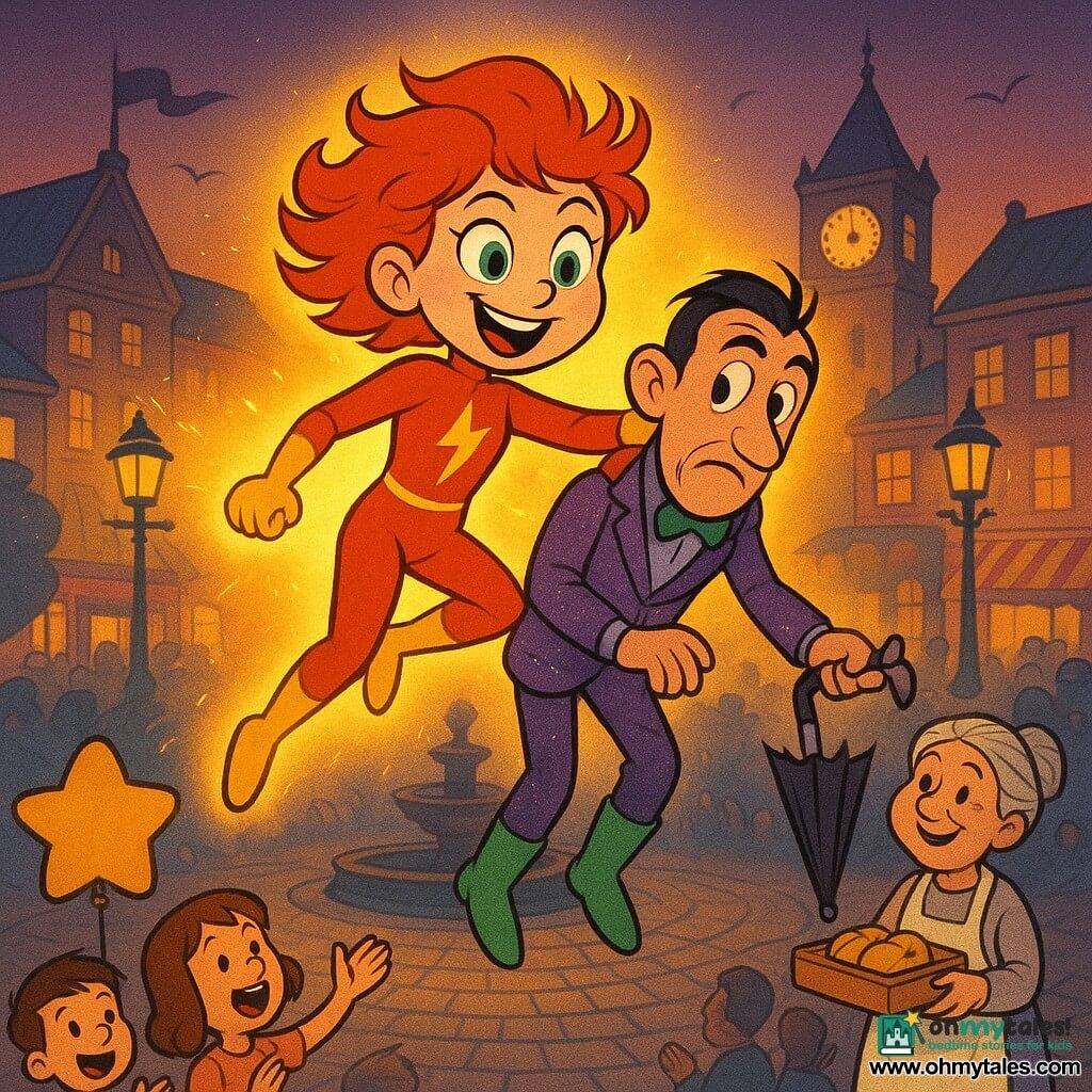 Zara Zoom, about 10, center, determined joyful face, bright green eyes, fiery messy red hair, red suit with yellow lightning, glowing golden as she firmly holds villain Dr. Darkout, about 35, mildly embarrassed in a purple sequined suit and neon green boots with a gadget umbrella; they descend from a flying workshop above Central Plaza while Zara’s light acts like a parachute; Mrs. Goldfinch, ~60, smiling baker with gray hair in a bun, offers a pastry box from the crowd at right; a ~7-year-old girl with astonished eyes holds a star-shaped balloon at left foreground and a ~9-year-old boy jumps and applauds nearby; the wide plaza has shiny circular cobbles, a dark central fountain, a blinking clock, colorful storefronts and lit art-deco lamps under an orange-purple twilight sky, with flags, sparks and flying tools around and a cheering crowd below; graphic style: exaggerated curved lines, rubber-hose proportions, saturated contrasting colors, slight paper grain texture, soft shadows and cobble reflections.