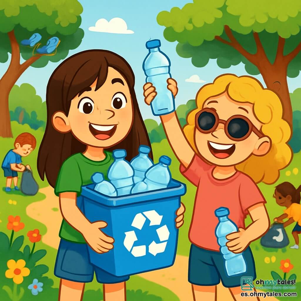 Clara, una niña de 10 años con largos cabellos castaños y ojos brillantes de alegría, lleva una camiseta verde con un dibujo de un árbol y un short de mezclilla. Sonríe con entusiasmo, sosteniendo un gran contenedor de reciclaje lleno de botellas de plástico. A su lado, Sofía, otra niña de 10 años con cabello rubio y rizado, lleva una camiseta rosa y gafas de sol. Levanta una botella vacía con una gran sonrisa, lista para tirarla en el contenedor de reciclaje. El lugar es un parque soleado, lleno de árboles verdes, flores coloridas y un camino de tierra. La situación principal muestra a Clara y Sofía participando en un gran día de limpieza, rodeadas de otros niños que recogen basura y clasifican el reciclaje, creando una atmósfera alegre y colaborativa.
