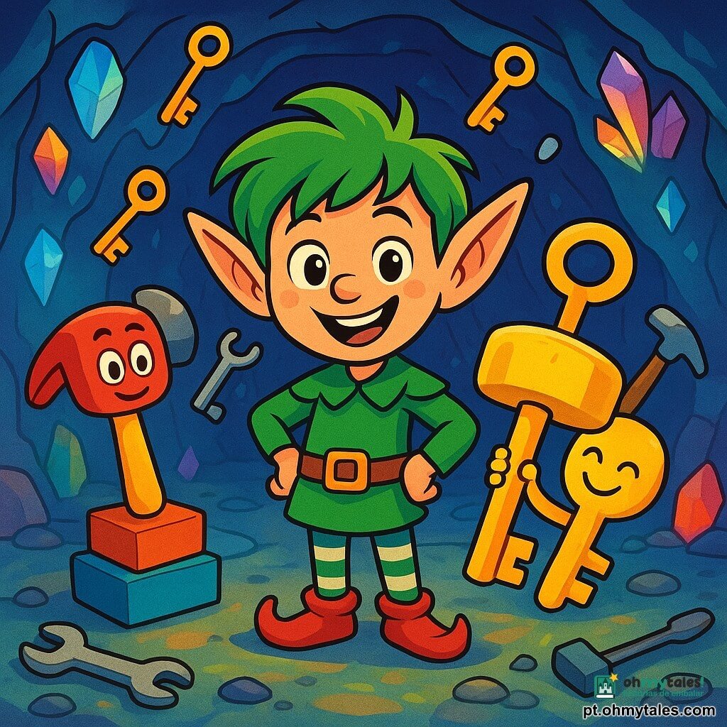 Um elfo chamado Pip, alegre e travesso, com grandes orelhas pontudas e cabelos verdes brilhantes, está no centro da caverna. Ele sorri com olhos brilhantes de malícia, cercado por chaves dançantes e martelos flutuantes. À sua direita, uma chave divertida, com um rosto sorridente e braços enrolados, brinca de esconde-esconde atrás de um grande martelo dourado. À sua esquerda, um martelo vermelho-vivo, com olhos redondos e uma expressão divertida, tenta se equilibrar em uma pilha de pequenas caixas coloridas. A caverna é iluminada por cristais cintilantes nas paredes, projetando reflexos multicoloridos no chão de pedra lisa. Ferramentas de todos os tipos estão espalhadas, criando uma atmosfera mágica de festa. Pip, com um ar determinado mas divertido, tenta organizar as ferramentas em um jogo, transformando a bagunça em uma competição alegre.
