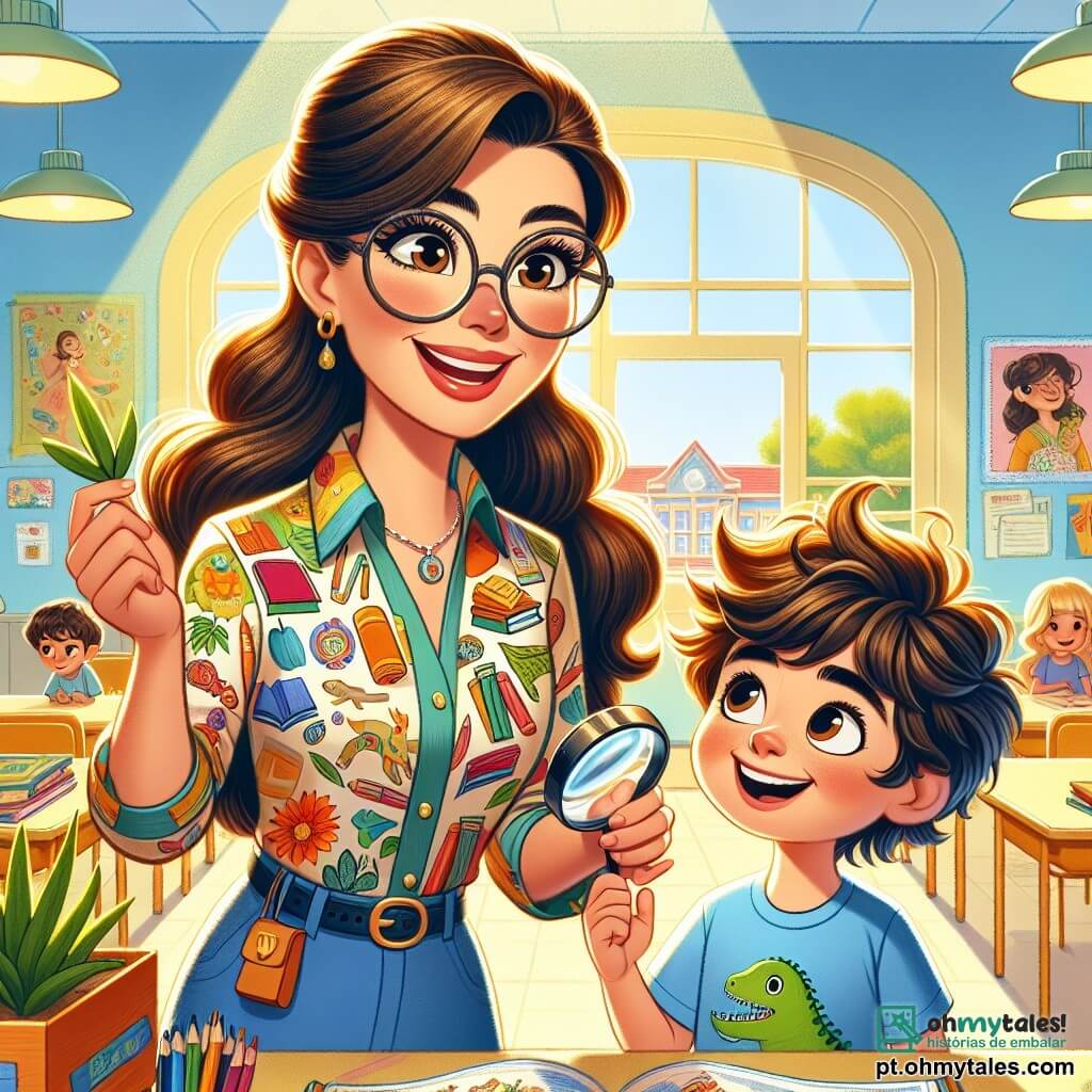 Dona Clara, uma mulher de cerca de trinta anos, está no centro da cena, sorridente e cheia de energia. Ela tem cabelos longos e castanhos presos em um rabo de cavalo, usa óculos redondos e uma blusa colorida com estampas de livros e lápis. Ela emana uma aura calorosa, segurando uma caixa cheia de objetos de aprendizado, enquanto explica algo com entusiasmo. Miguel, um garoto de 8 anos, está à sua direita, com os olhos arregalados de curiosidade. Ele tem cabelos castanhos bagunçados e usa uma camiseta azul com estampa de dinossauro. Ele segura uma lupa nas mãos pequenas, observando uma folha verde com admiração. A cena acontece em uma sala de aula iluminada, com paredes pintadas de amarelo claro, cartazes educacionais pendurados e janelas que deixam entrar a luz do sol. Os alunos estão envolvidos em uma atividade de exploração, onde a professora mostra como observar o mundo ao redor com curiosidade. A atmosfera é alegre e dinâmica, ilustrando o amor pelo aprendizado e a magia do ensino.