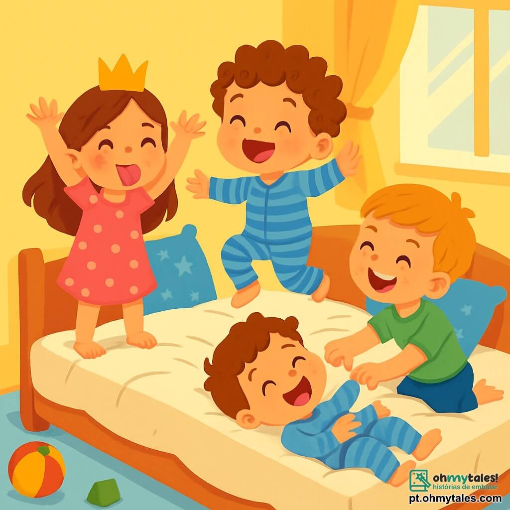 Um menino de 2 anos, com cabelos cacheados e olhos brilhantes de alegria, pula em uma grande cama macia, rindo alto. Ele usa um pijama azul listrado e tem um sorriso radiante no rosto. Ao lado dele, uma menina de 4 anos, com longos cabelos castanhos e um vestido rosa de bolinhas, faz caretas enquanto se segura na borda da cama, com os braços levantados como uma rainha. Um menino de 6 anos, com cabelos loiros e uma camiseta verde, está deitado na cama, rindo e fazendo cócegas no irmão mais novo. A cena acontece em um quarto acolhedor, com paredes pintadas de amarelo pastel, brinquedos espalhados pelo chão e almofadas coloridas na cama. Os raios de sol filtram através das cortinas leves, criando uma atmosfera alegre e iluminada. As crianças se divertem juntas, rindo e brincando de serem reis e rainhas na cama, criando um momento de felicidade e cumplicidade.