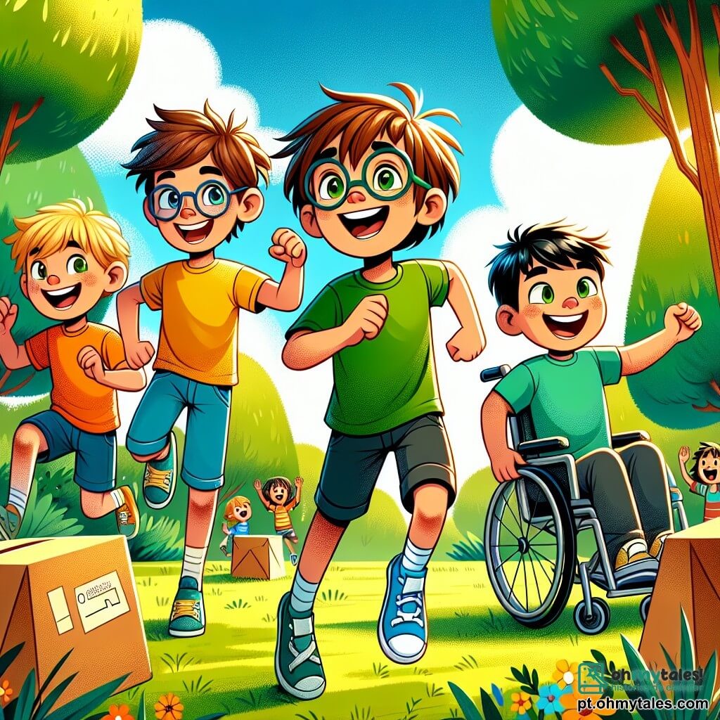 Em um parque ensolarado, quatro amigos se preparam para uma corrida de obstáculos. Pedro, um garoto de 10 anos com cabelos bagunçados e óculos redondos, veste uma camiseta amarela e um short azul, rindo e animando os amigos. Miguel, de 9 anos, com cabelos loiros e um grande sorriso, usa uma camiseta verde e calças vermelhas, tropeçando em uma caixa de papel de forma cômica. João, também de 10 anos, com cabelos negros e olhos brilhantes, veste uma camiseta azul clara e um short preto, correndo determinado à frente de Lucas. Lucas, de 9 anos, com cabelos castanhos e um sorriso radiante, está em sua cadeira de rodas, vestido com uma camiseta laranja, pronto para rolar rapidamente como um super-herói. O parque é verdejante, com árvores majestosas e flores coloridas. A cena principal mostra os amigos correndo entre caixas de papel que formam obstáculos divertidos, com Miguel caindo em uma caixa, enquanto Pedro e João correm à frente e Lucas ri tentando alcançá-los. A energia e a camaradagem são palpáveis nesta ilustração vibrante e alegre.