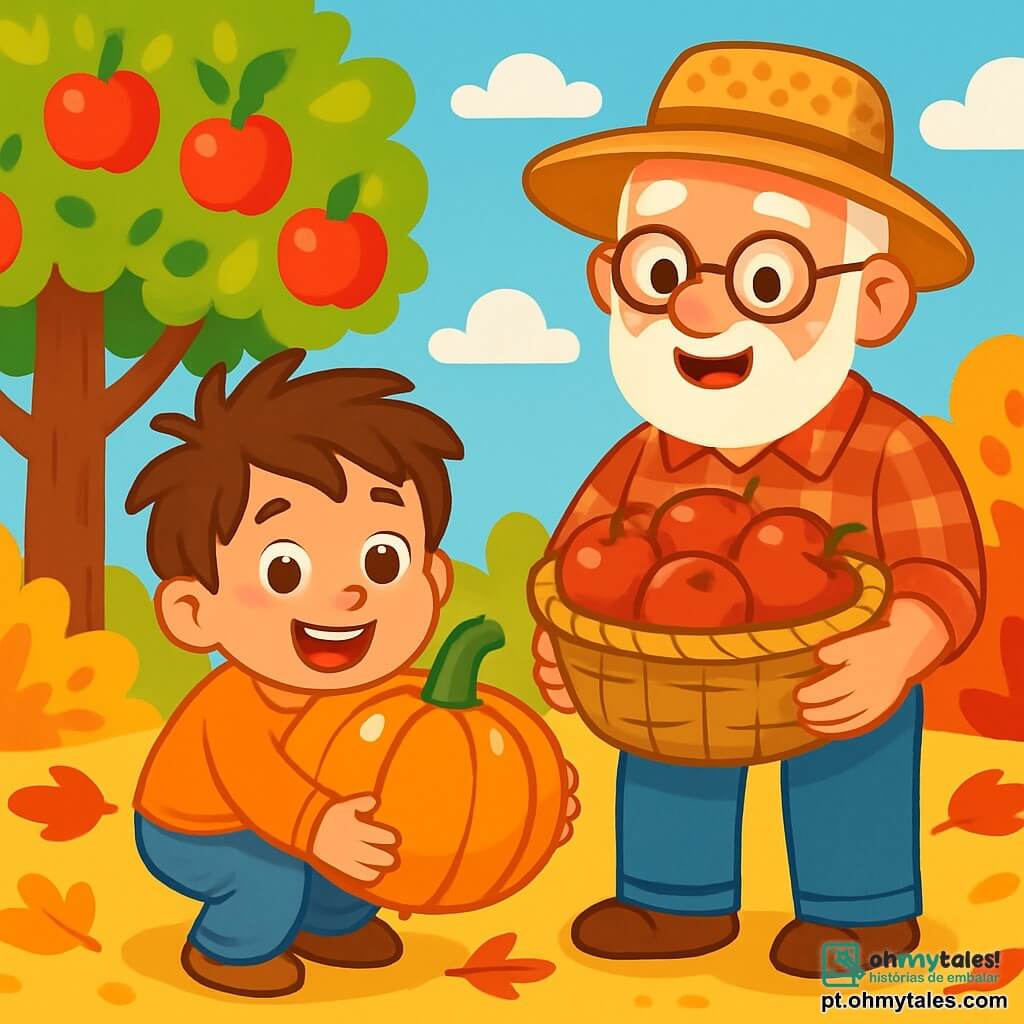 Um menino de 6 anos, Miguel, com cabelos castanhos bagunçados e um grande sorriso alegre, está agachado em um jardim de outono, cercado por folhas douradas e vermelhas. Ele usa um suéter laranja vibrante e jeans azuis, segurando uma grande abóbora brilhante nos braços, com os olhos brilhando de excitação. Ao seu lado está seu avô, um homem idoso com barba branca e óculos redondos, vestido com uma camisa xadrez e um chapéu de palha, sorrindo orgulhosamente enquanto segura uma cesta cheia de maçãs vermelhas. O jardim está cheio de macieiras com frutos brilhantes e arbustos de cores vibrantes, sob um céu azul claro salpicado de nuvens brancas e fofas. A cena mostra Miguel e seu avô colhendo frutas, cercados por uma atmosfera calorosa e alegre, simbolizando a magia do outono.