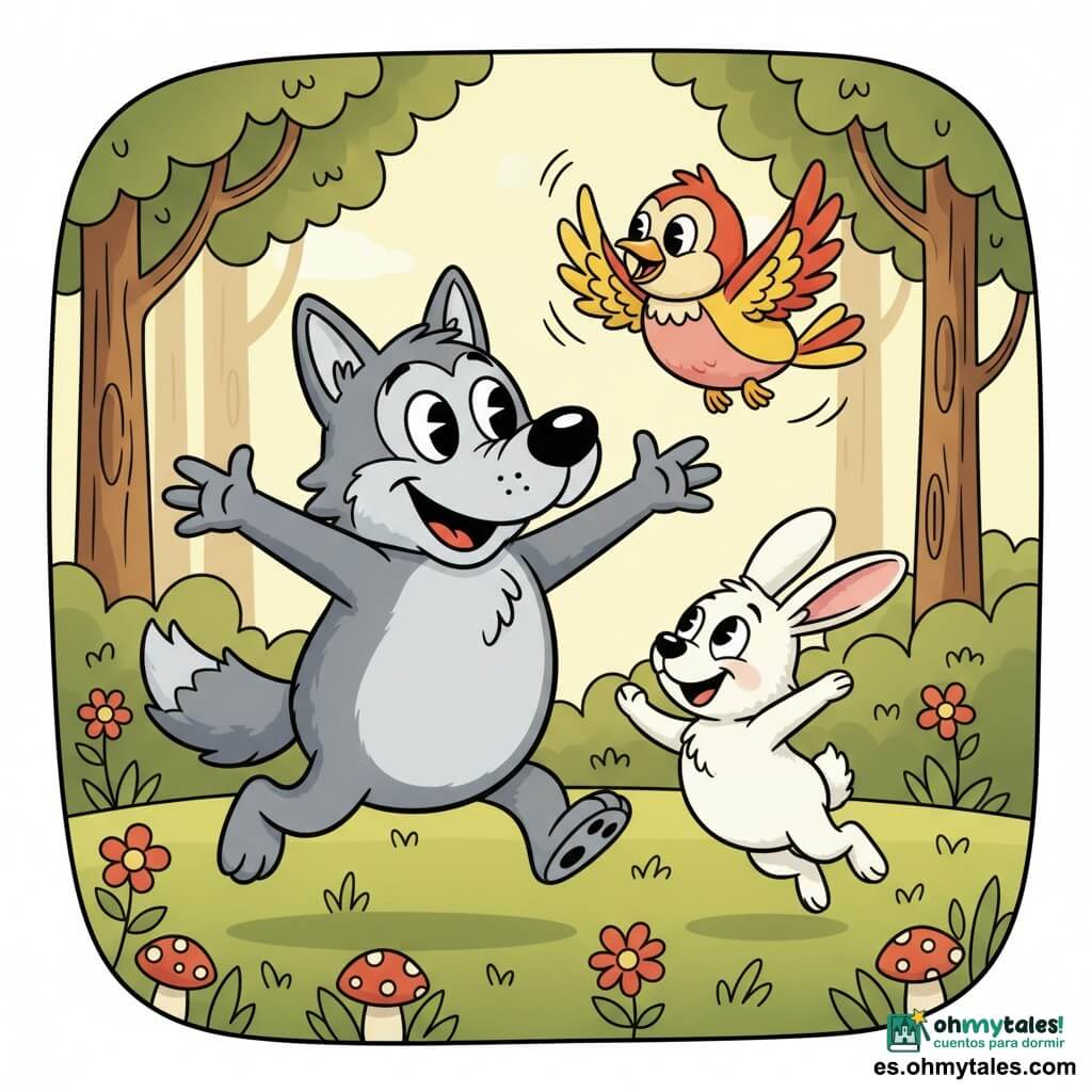 Un lobo amable y redondeado de pelaje gris suave con contornos gruesos, grandes ojos brillantes y sonrisa amplia; corre brincando con patas flexibles y brazos abiertos invitando a jugar. Una pequeña liebre blanca de pelaje esponjoso, orejas rosadas y mirada tímida pero sonriente salta junto al lobo mirando hacia él, entusiasta. Un pájaro pequeño y rechoncho de plumas rojas y amarillas vuela sobre ellos con alas desplegadas, cantando. La escena ocurre en un claro soleado del bosque con hierba verde en bucles, flores simples, hongo redondeado y árboles de troncos curvos y hojas redondeadas; los tres amigos juegan corriendo y riendo en poses exageradas, ambiente cálido y acogedor, colores vivos y contraste marcado en estilo cartoon retro con contornos negros.