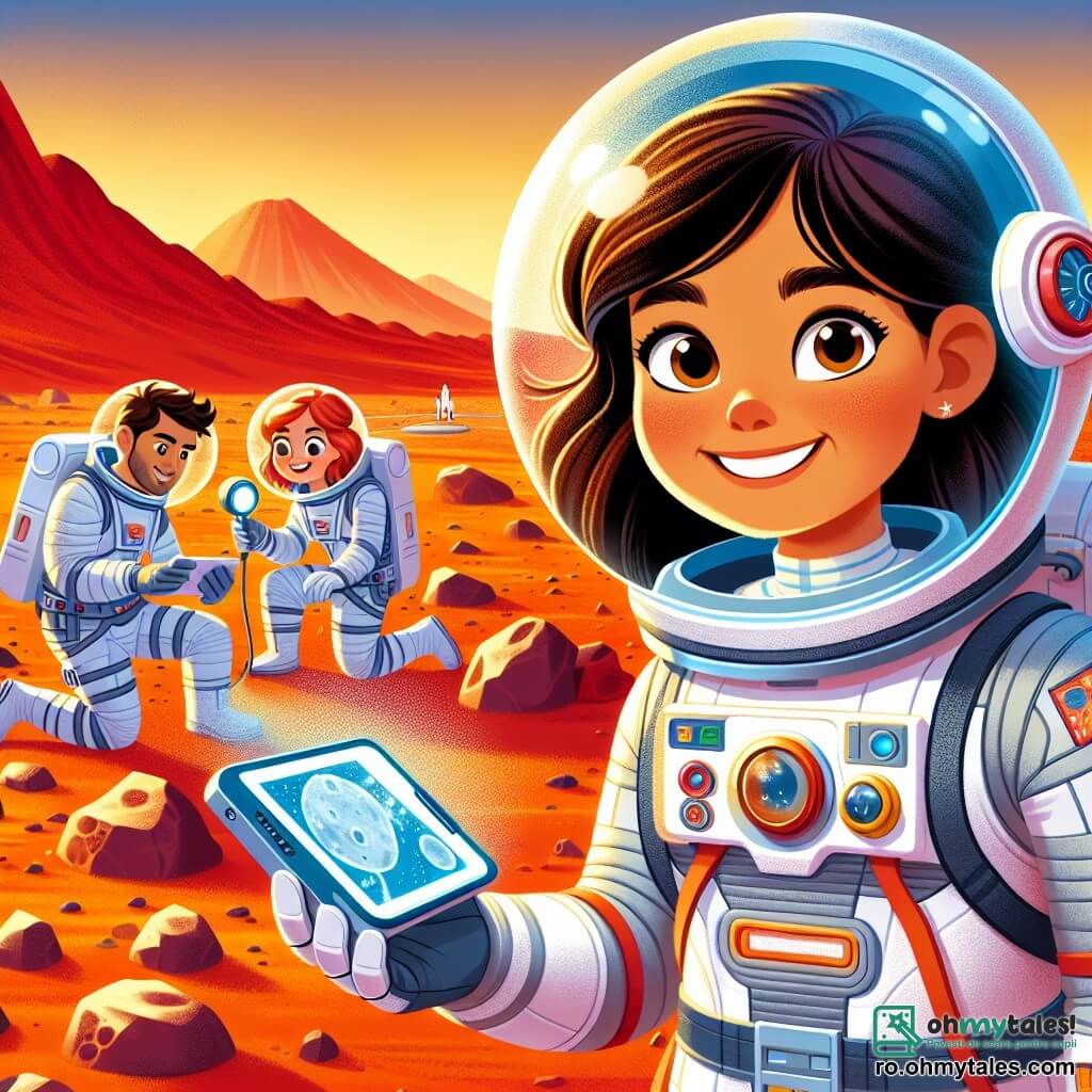 O astronaută, Elena, stă pe suprafața roșiatică a lui Marte, zâmbind larg, cu ochii strălucind de entuziasm. Ea poartă o costum spațial alb și argintiu, împodobit cu detalii colorate, și o cască transparentă care reflectă peisajul marțian. Lângă ea, Marco, un bărbat de 30 de ani cu părul brun și barbă îngrijită, examinează o piatră ciudată cu un aparat științific, având o expresie concentrată și curioasă. În fundal, Ana, o femeie de 28 de ani cu părul blond, ia notițe pe o tabletă, fața ei radiază de bucurie și uimire. Solul este presărat cu roci roșii și praf fin, în timp ce munți măreți se ridică la orizont sub un cer portocaliu strălucitor. Situația principală arată echipa lui Elena în plină explorare, descoperind minerale rare care ar putea dezvălui secrete despre viața trecută a planetei.