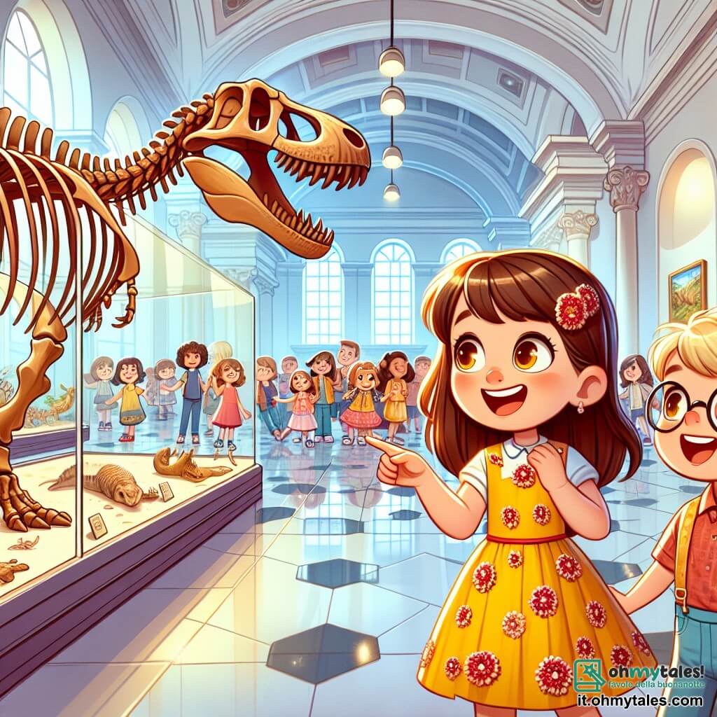 Una bambina di 6 anni, Sofia, con lunghi capelli castani e occhi pieni di curiosità, indossa un vestito giallo decorato con fiori rossi. Sorride meravigliata guardando un gigantesco scheletro di dinosauro al museo. Accanto a lei, il suo amico Marco, un ragazzo di 6 anni con capelli biondi e occhiali tondi, indica il dinosauro con aria affascinata. Il museo è spazioso, con pareti bianche e luci soffuse che valorizzano le esposizioni. Grandi vetrine mostrano fossili e animali imbalsamati, mentre un pavimento in marmo lucido riflette la luce. Sofia e Marco si trovano davanti allo scheletro, circondati da altri bambini, tutti catturati dalla scoperta. L'atmosfera è gioiosa e piena di eccitazione, con risate ed esclamazioni di meraviglia che risuonano nell'aria.