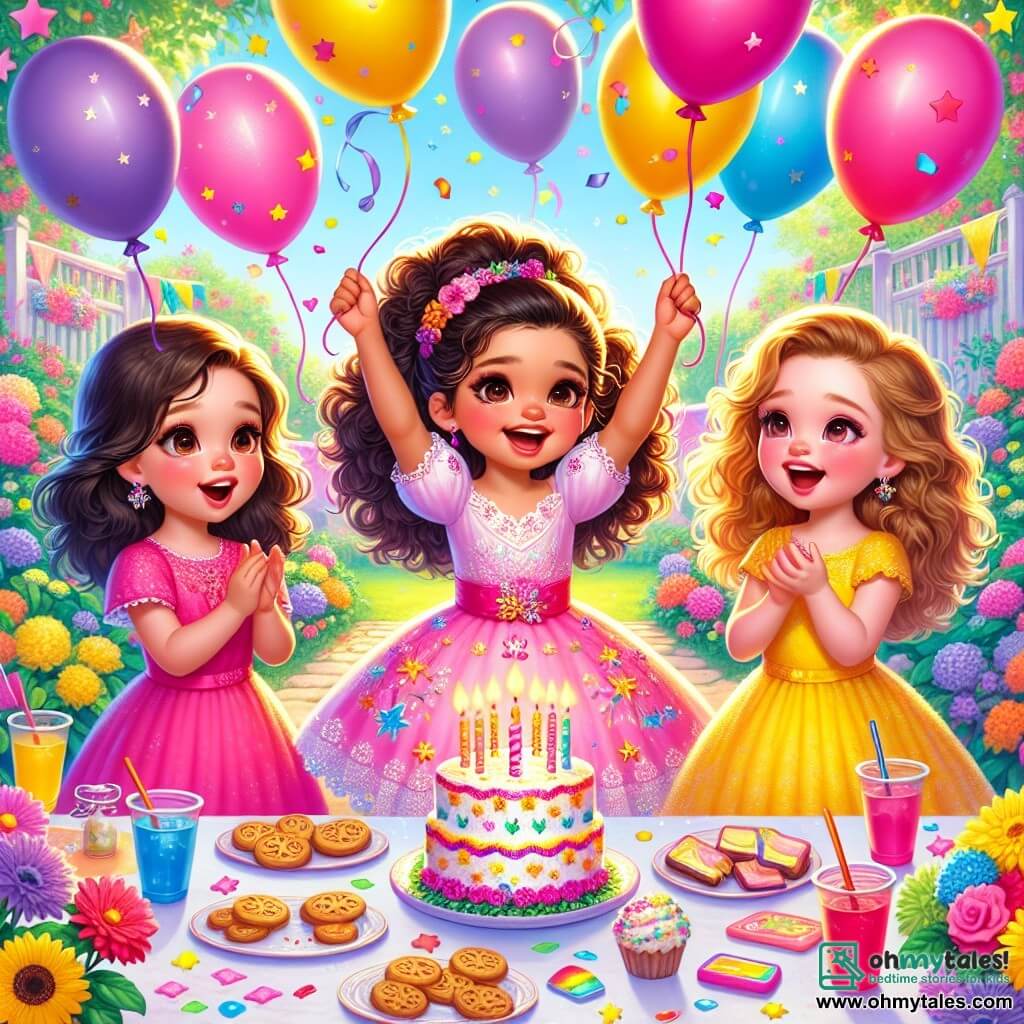 Lily, a nearly three-year-old girl, wears a pink dress with shiny stars and has big sparkling eyes filled with joy. She is the center of the image, smiling with her arms raised in celebration. To her right is Mia, another three-year-old girl with curly brown hair and a yellow dress, clapping enthusiastically. On the left, Emma, a nearly three-year-old girl with straight blonde hair, holds a red balloon and laughs joyfully. In the background, a colorful garden filled with bright flowers and greenery can be seen. A large table is set with a beautiful birthday cake decorated with candles, plates of cookies, and cups of juice. Colorful balloons float in the air, adding a festive touch to the scene. The main focus shows the three friends joyfully running after balloons that are flying away, with expressions of surprise and excitement on their faces. The sun shines in a clear blue sky, creating a joyful and festive atmosphere for this special day.