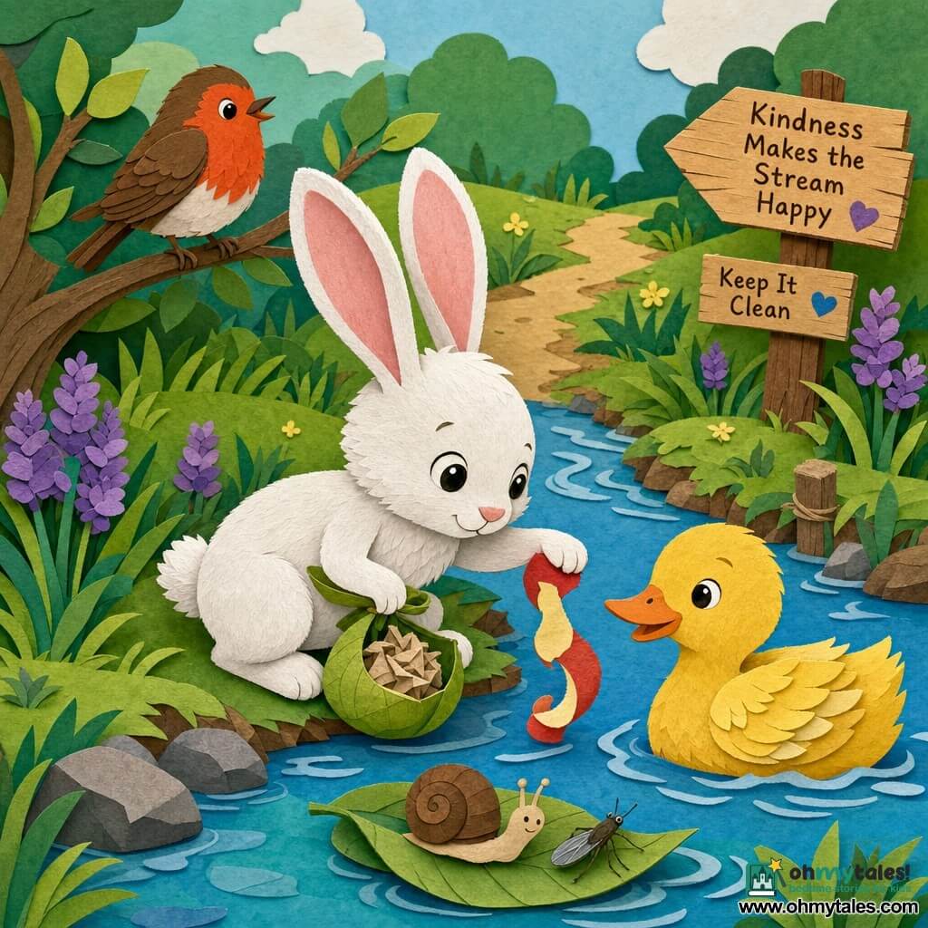 A small soft white rabbit with large pink ears and bright round eyes, felt-like fur, looking calm and reaching to take an apple peel at the edge of a clear blue-green stream; a round yellow duck with layered feathers and a gentle smile swims nearby encouragingly; a bright red-orange robin perches on a low branch, looking pleased; a small water insect and a spiral-shelled snail slide on a floating leaf beside the rabbit; grassy paper-like banks, clumps of purple flowers, a soft brown path lined with simple wooden signs; the centered, child-friendly scene shows the rabbit holding the peel in one paw and a small leaf-bag with a crumpled old paper, capturing a gentle protective moment by the water.
