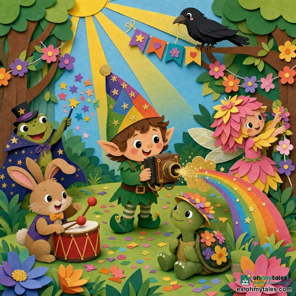 Nico, un pequeño elfo con gorro puntiagudo multicolor y traje verde, sostiene una vieja cámara mágica de madera en el centro; a su derecha Lila, hada de las flores con cabello de pétalos, cuelga guirnaldas en los árboles; a la izquierda, Max, un gran conejo tamborilero marrón claro con una oreja doblada, toca un tambor rojo; un poco atrás a la izquierda Pepe, un pequeño sapo mago verde con capa de estrellas, lanza estrellitas con su varita; Tula, una tortuga tranquila con caparazón floral y sombrero de flores, está sentada junto a Nico; Coco, un cuervo negro de plumas brillantes, sostiene una pequeña bandera en una rama baja; la escena tiene lugar en un claro del bosque encantado con césped verde, árboles decorados, confeti y un arcoíris naciente; situación: el grupo posa para una foto de carnaval mientras la cámara de Nico lanza una lluvia de purpurina dorada que forma un arcoíris, ambiente festivo y colores vivos.