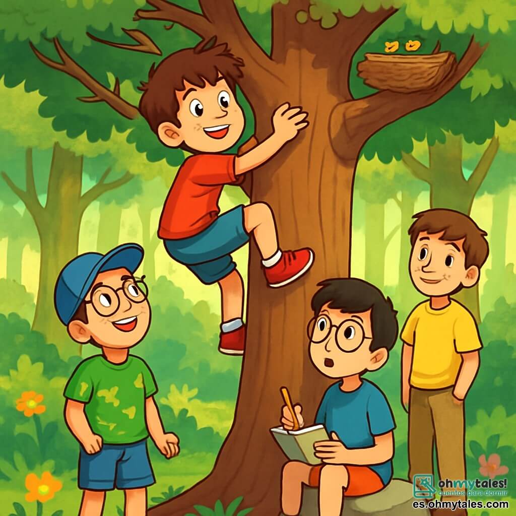 Hay 4 niños: - Alejo: un chico de 12 años, con el cabello castaño desordenado y ojos llenos de curiosidad. Lleva una camiseta roja y un pantalón corto azul, y está trepando por el tronco de un gran roble. - Carlos: un chico de 11 años, con una gorra de béisbol azul y gafas. Tiene una amplia sonrisa y lleva una camiseta verde con motivos de dinosaurios. Se encuentra al pie del árbol, mirando hacia arriba a Alejo con admiración. - Diego: un chico de 11 años, con cabello negro y gafas redondas. Sostiene un pequeño cuaderno de bocetos en una mano y un lápiz en la otra, observando atentamente el nido en la cima del árbol. Está sentado sobre una piedra plana, al lado de Carlos. - Iván: un chico de 11 años, con cabello castaño y una ligera sonrisa tímida. Lleva una camiseta amarilla y pantalones beiges. Está un poco apartado, apoyado contra el tronco del árbol, mirando a sus amigos con orgullo y determinación. El lugar es un hermoso bosque verde, lleno de grandes árboles majestuosos, flores coloridas y rayos de sol filtrándose a través de las hojas. En el centro, un viejo roble con ramas anchas y nudosas se alza, con un nido en lo alto. La situación principal muestra a Alejo trepando con entusiasmo para alcanzar el nido, mientras sus amigos lo animan desde abajo, creando una atmósfera de camaradería y confianza. Las expresiones de los niños reflejan emoción y amistad, ilustrando el tema de la confianza en uno mismo en esta aventura.