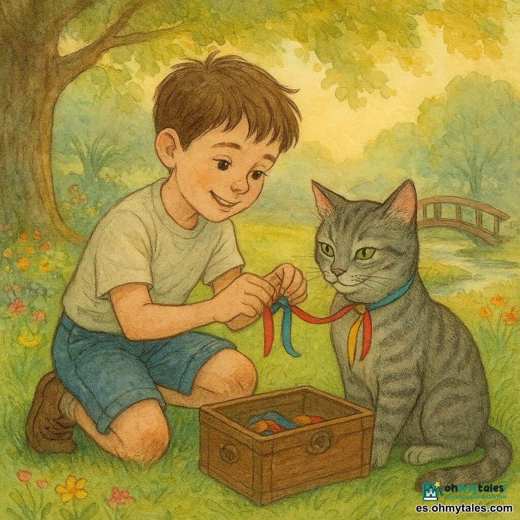 Un niño de 8 años, alegre y concentrado, de pelo castaño corto y rodillas con manchas de tierra, agachado atando cordones y lazos de colores en el collar del gato con una sonrisa tierna y ojos brillantes; un gato gris atigrado llamado Max, de ojos verdes, ronronea y permanece tranquilo junto al niño con la pata sobre un pequeño cofre abierto; el cofre de madera, algo gastado, contiene lazos rojos, azules y amarillos; el escenario es un jardín soleado de final de tarde con césped verde, flores, un pequeño puente de madera y un arroyo, la luz dorada filtrándose entre las hojas del roble, momento tierno de amistad y descubrimiento.