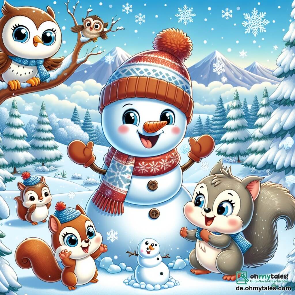 Ein kleiner Schneemann namens Frosty, mit einer Karotte als Nase, Kohleaugen und einem breiten Lächeln, steht fröhlich im Mittelpunkt der Szene, die Arme weit geöffnet, umgeben von glitzernden Schneeflocken. Rechts von ihm springt ein schelmisches Eichhörnchen namens Max, mit braunem Fell und funkelnden Augen, vor Freude und wirft einen kleinen Schneemann. Links von ihm sitzt eine weise Eule namens Emmy, mit weißen Federn und runden Brillen, auf einem Ast und beobachtet die Szene mit einem amüsierten und ermutigenden Blick. Die Kulisse ist eine wunderschöne Winterlandschaft mit majestätischen, schneebedeckten Bäumen, sanften Hügeln und einem hellblauen Himmel, der mit weißen Wolken übersät ist. In der Ferne zeichnen sich schneebedeckte Berge am Horizont ab und verleihen dem Ganzen einen Hauch von Magie. Die Hauptsituation zeigt Frosty und seine Freunde in einem Schneeballschlacht, lachend und fröhlich, was eine festliche und fröhliche Atmosphäre in dieser wunderbaren Winterlandschaft schafft.