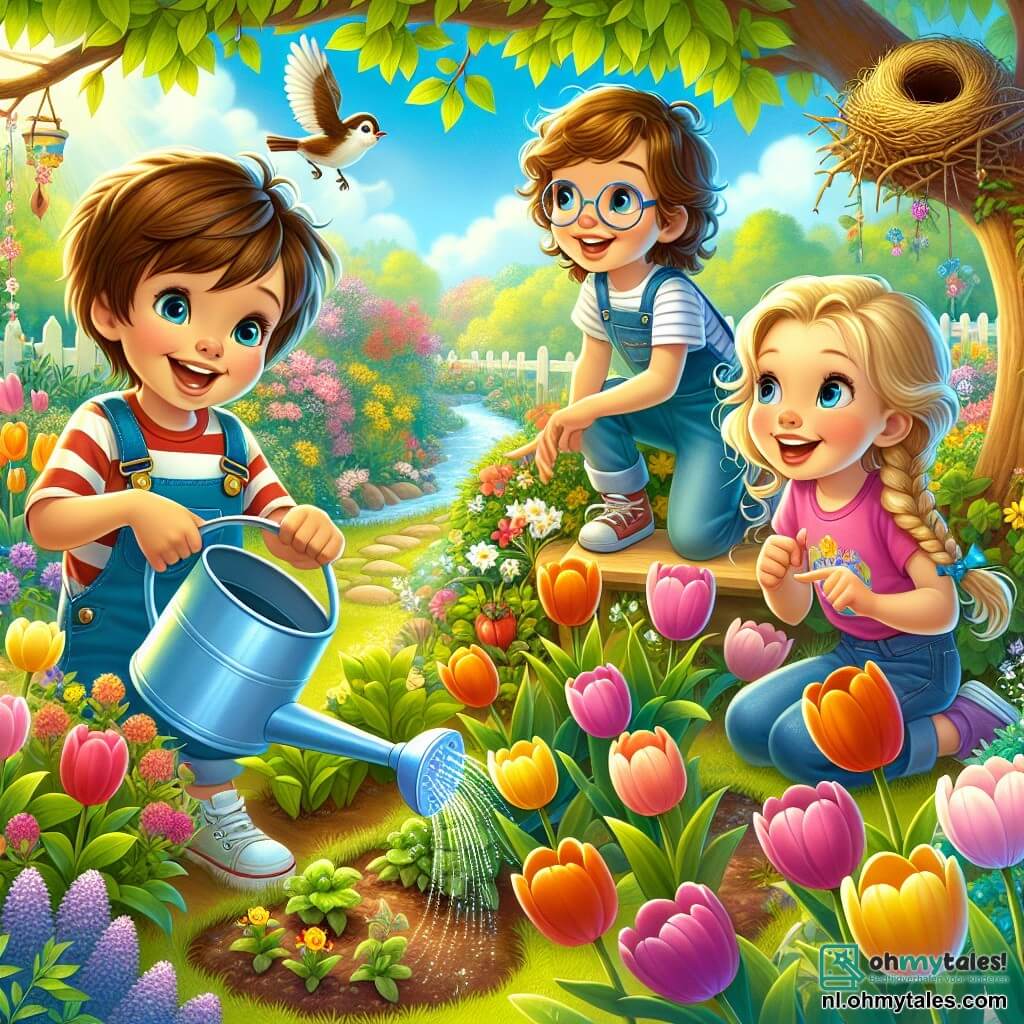 In een bloeiende tuin spelen vier kinderen samen. Max, een zesjarig jongetje met bruin haar en sprankelende ogen, giet bloemen water met een klein blauw gietertje en lacht blij. Naast hem bewondert Emma, een zesjarig meisje met blond haar en vlechten, de kleurrijke tulpen om hen heen. Lucas, een zesjarig jongetje met kastanjebruin haar en een bril, wijst naar een vogelnest op een tak, met zijn ogen wijd open van verwondering. Tot slot knielt Sophie, een zesjarig meisje met krullend haar en een roze t-shirt, bij de grond om water te geven aan de kleine groenteplantjes. De tuin is een echt lenteplaatje, vol met stralende bloemen in alle kleuren, weelderig groen en zonnestralen die door de bladeren van de bomen filteren. Op de achtergrond glinstert een klein beekje, wat een vleugje magie aan dit betoverende landschap toevoegt. De kinderen zorgen voor hun tuin, geven de planten water en ontdekken de schoonheid van de natuur, terwijl ze lachen en momenten van samenzijn delen.