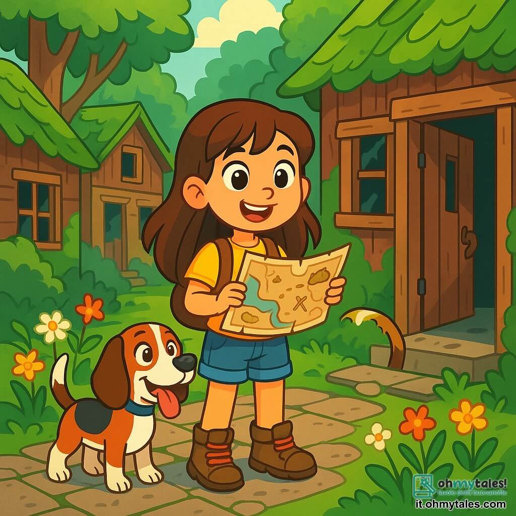 Una bambina di 8 anni, Sofia, con lunghi capelli castani e occhi brillanti di curiosità, si trova al centro dell'immagine, con un grande sorriso sul volto. Indossa una maglietta gialla, un pantaloncino di jeans e stivali da trekking, tenendo una mappa antica tra le mani, pronta per esplorare. Accanto a lei, il suo fedele cane Gigi, un piccolo beagle dalle orecchie grandi, guarda con entusiasmo, la lingua di fuori, come se fosse pronto per un'avventura. Lo sfondo è un villaggio abbandonato, con case di legno coperte di muschio verde e finestre rotte, circondato da una fitta foresta con alberi maestosi e foglie verdi brillanti. Fiori selvatici colorati crescono tra i ciottoli screpolati. Sofia e Gigi si trovano davanti a una vecchia porta di legno, leggermente aperta, che lascia intravedere un interno scuro e misterioso. La scena principale mostra Sofia, piena di eccitazione e determinazione, pronta a entrare nel villaggio per scoprire i suoi segreti nascosti.