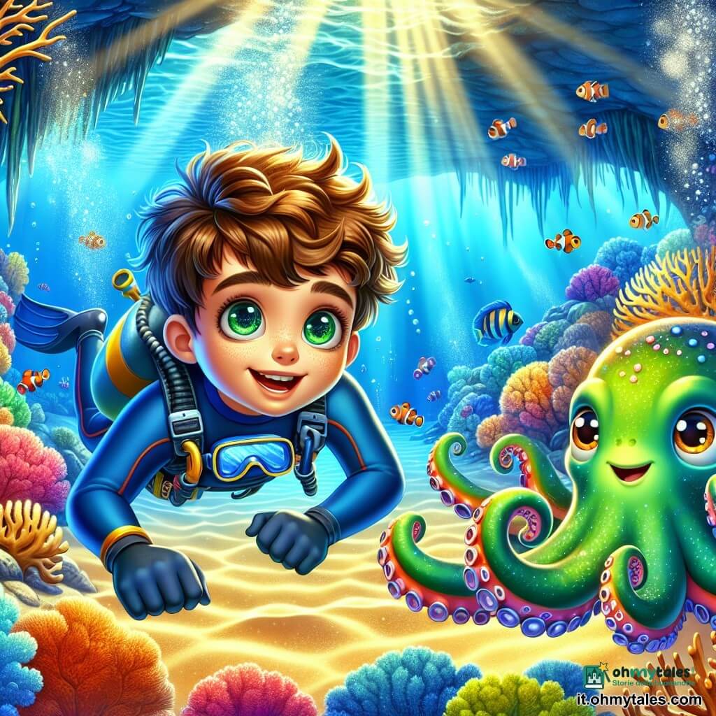 Un ragazzo di 12 anni, con capelli castani disordinati e occhi verdi pieni di curiosità, nuota sott'acqua in una muta da sub blu. Il suo volto esprime meraviglia ed eccitazione mentre esplora un affascinante mondo sottomarino. Accanto a lui, un piccolo polpo di nome Otto, con tentacoli colorati e occhi maliziosi, lo osserva con un sorriso amichevole, fluttuando a pochi centimetri da lui. Il paesaggio è una foresta di coralli vibranti, dove pesci multicolori danzano attorno a formazioni marine scintillanti. Raggi di luce filtrano attraverso la superficie dell'acqua, creando giochi di ombre e luci sulla sabbia dorata del fondo marino. La scena principale mostra il ragazzo e Otto che scoprono insieme una misteriosa grotta sottomarina, piena di oggetti dimenticati e tesori nascosti, mentre si preparano ad esplorare questo nuovo luogo magico.