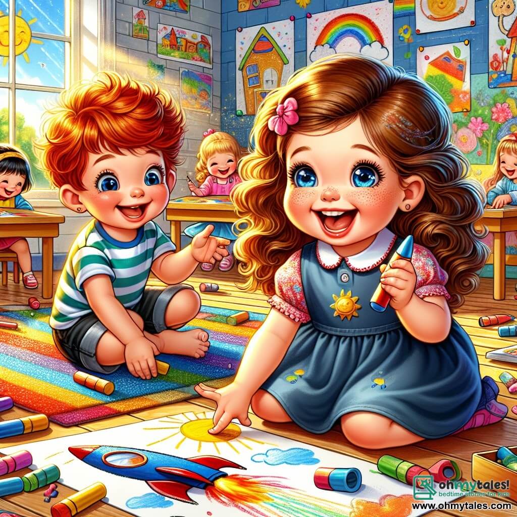 A 3-year-old girl named Lily, with sparkling blue eyes and curly brown hair, is sitting on a colorful rug in a bright classroom. She has a big smile on her face, showing her joy and enthusiasm as she holds a piece of chalk in her small hand. Next to her is a 3-year-old boy named Max, with bright red hair and a beaming smile, proudly showing his drawing of a rocket. He sits slightly back, looking at Lily with admiration. The classroom is filled with brightly painted walls and children's drawings everywhere. Wooden tables are arranged around, and colorful toys are scattered on the floor. A large window lets in sunlight, illuminating the space. The main scene shows Lily and Max sharing their drawings, surrounded by joyful classmates, all immersed in the excitement of painting and learning. The atmosphere is full of laughter and creativity, illustrating a moment of camaraderie and discovery at school.