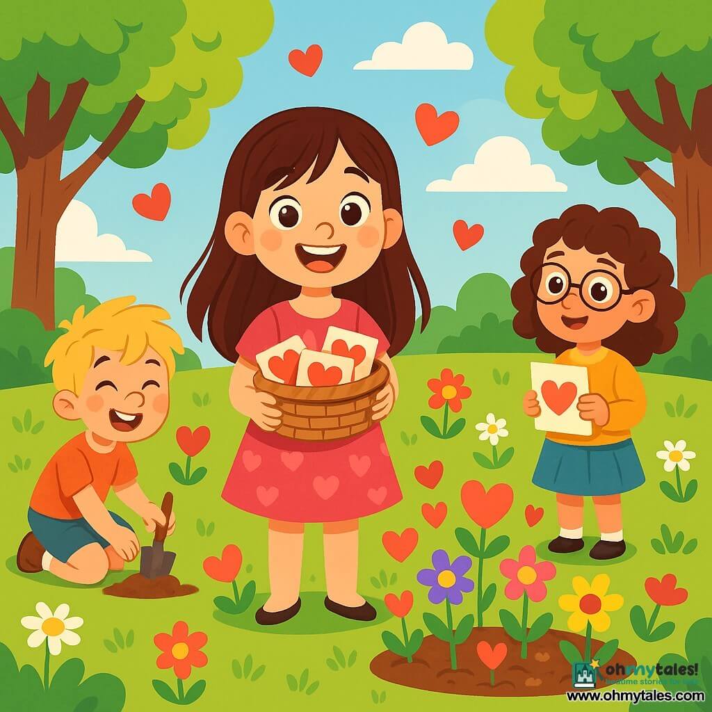 An 8-year-old girl named Lily, with long brown hair and sparkling joyful eyes, stands at the center of the image. She wears a bright pink dress adorned with hearts and holds a basket filled with Valentine cards, her face radiating excitement and happiness. Next to her is her friend Oliver, a 7-year-old boy with messy blonde hair and a bright smile, planting colorful flowers in a magical garden, surrounded by heart-shaped petals. A little further away, Emma, an 8-year-old girl with curly hair and round glasses, admires the garden in wonder, holding a Valentine card in her hands. The setting is a sunny park filled with vibrant flowers and large trees with shiny green leaves, under a clear blue sky dotted with fluffy white clouds. The main scene shows Lily and her friends creating a Valentine’s garden, surrounded by colorful flowers and floating hearts, symbolizing friendship and the joy of this special day.