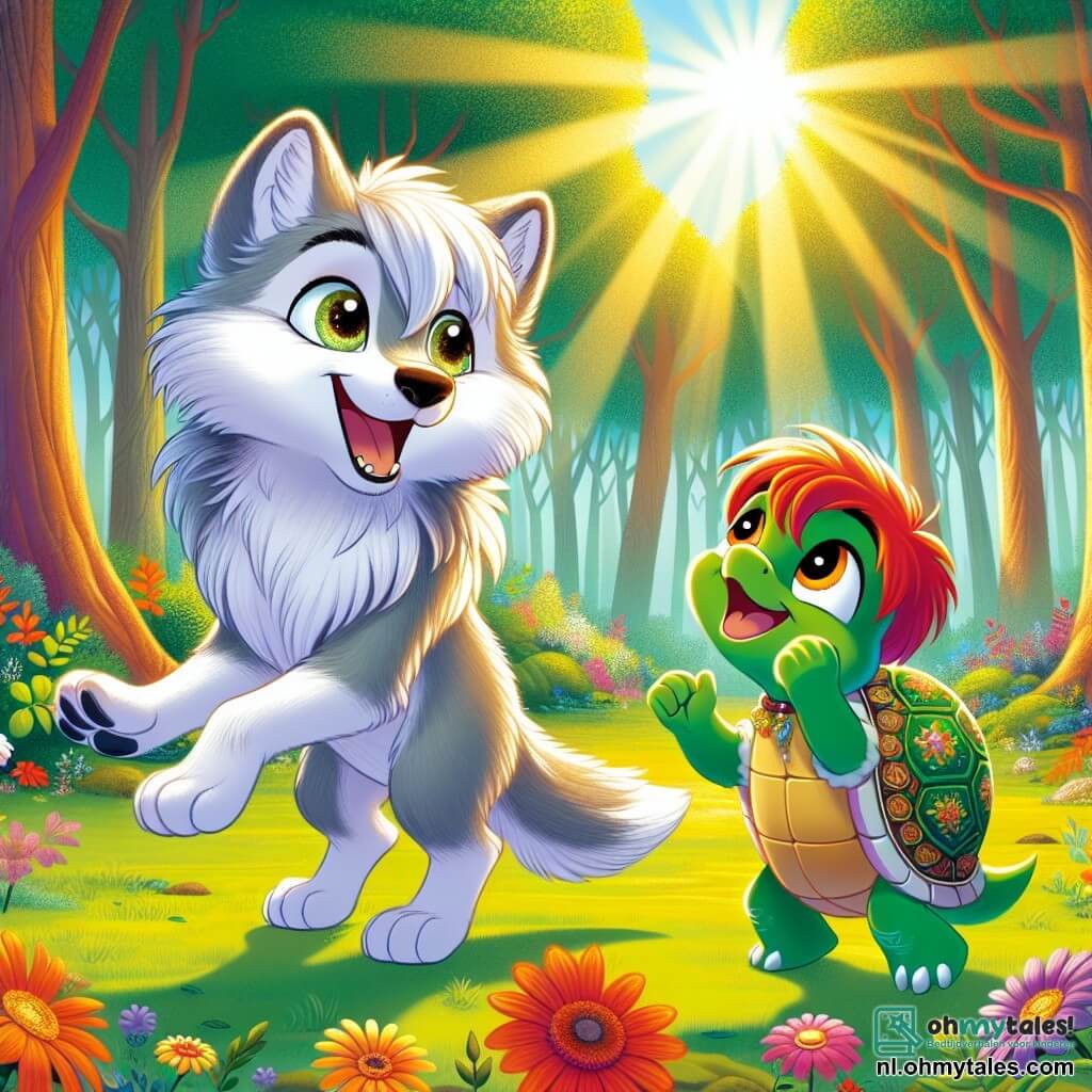 In een zonnige open plek in het Grote Bos danst een jonge wolf met nieuwsgierige ogen en een zilveren vacht vrolijk, met een stralende glimlach op zijn gezicht. Hij is omringd door kleurrijke bloemen die meedansen op de muziek van het festival. Naast hem kijkt een kleine schildpad met een kleurrijke schild, Tilly, bewonderend naar Lupo, met blije ogen. Ze staat op haar achterpoten, klaar om een verhaal te vertellen, terwijl een sluwe vos, Vinni, met zijn vurig rode vacht en ondeugende ogen, lacht en applaudisseert, iets op afstand met een enthousiaste uitdrukking op zijn gezicht. De plek is een levendige open plek, omringd door grote bomen met stevige stammen, waarvan de groene bladeren een natuurlijk plafond vormen. Zonnestralen breken door de takken en verlichten de scène met een gouden licht, terwijl dieren van allerlei soorten om hen heen dansen en zingen. De hoofdscene toont Lupo, Tilly en Vinni die de diversiteit vieren tijdens het festival, elk hun vreugde uitdrukkend door middel van dans en lachen, verenigd door hun vriendschap en verschillen.
