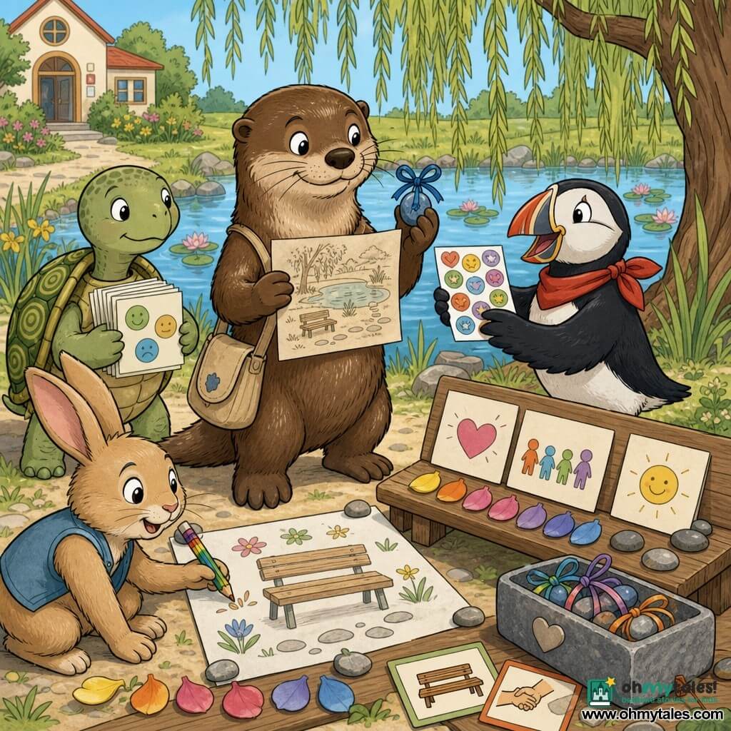 Milo, a studious otter with glossy brown fur and fine whiskers, smiles calmly holding a paper map with a pencil plan and a blue stone on a ribbon, wearing a small canvas bag; Pippa, a cheerful puffin with black-and-white plumage and a red scarf, laughs while handing out stickers to the right of Milo and looking at new students; Taro, a gentle turtle with a green shell patterned with circles, stands slightly back holding a stack of "feelings" cards; Juniper, an enthusiastic rabbit with upright ears, draws a bench on a large poster with a multicolored pencil; setting: sunny school pond edge with water lilies, a weeping willow, a wooden table displaying colorful posters, petals and small stones neatly lined up; scene: the four friends set up a "Welcome Station" with a simple symbol poster (bench, map, face), a box of stones with ribbons and spread pictogram cards, exchanging warm gestures; style: bright but soft colors, clear expressive outlines, visible paper-and-pencil textures, centered composition and friendly readable expressions.