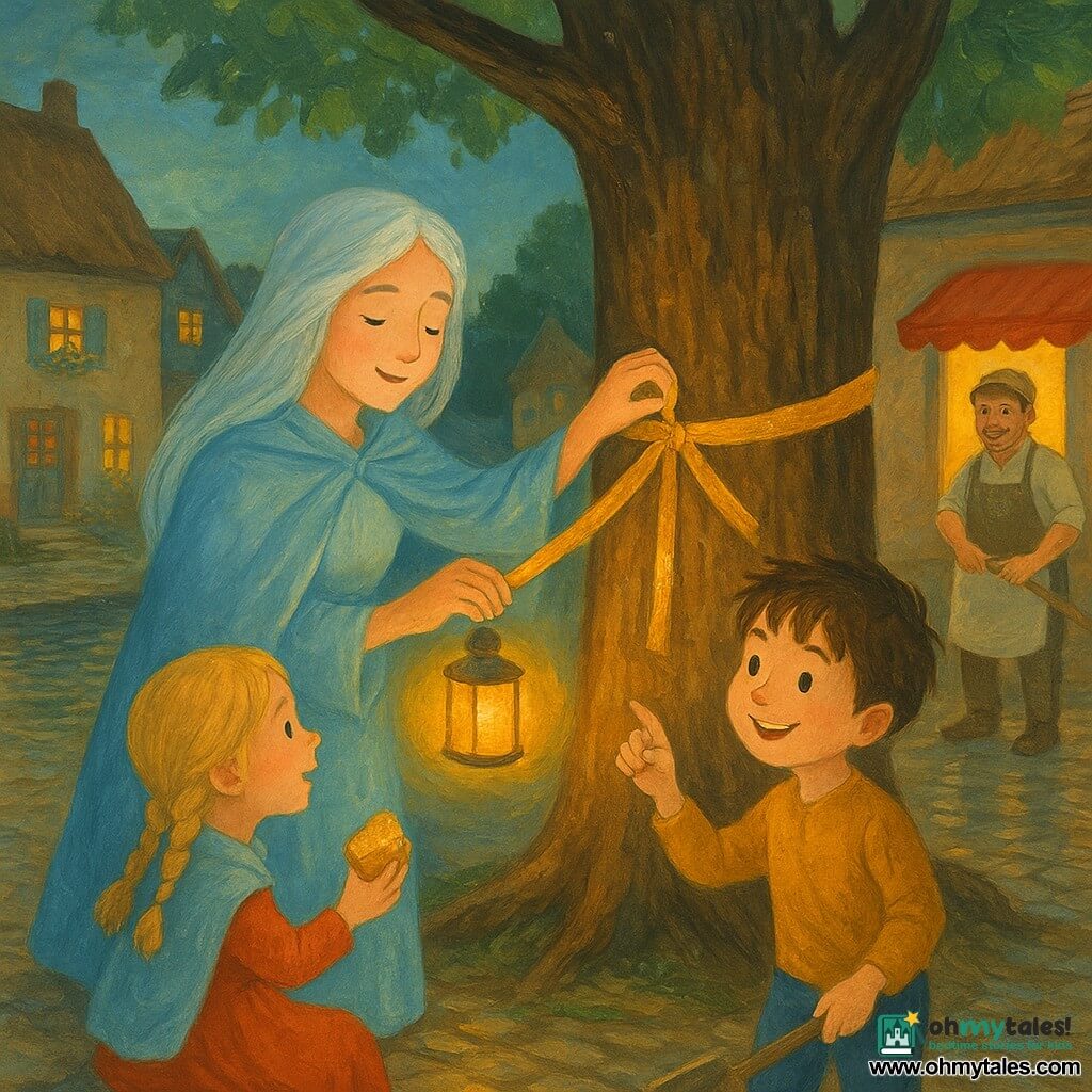Mira, moved and serene with silver hair like moon-silk, wears a pale blue cloak and holds a small warm lantern emitting a golden halo as she ties a sparkling golden ribbon to the trunk of a large oak; a smiling ~7-year-old brown-haired boy with a small shovel stands at the roots showing her the ribbon, a ~5-year-old blonde girl in pigtails sits on a stone step to the left offering bread and reaching toward Mira, and behind them a flour-dusted baker in his 40s gently sweeps before his lit bakery; the wet cobbled village square with thatched cottages, colorful windows, a distant wooden bridge over a shimmering river reflects warm lights, in soft gouache tones and delicate contrasts.