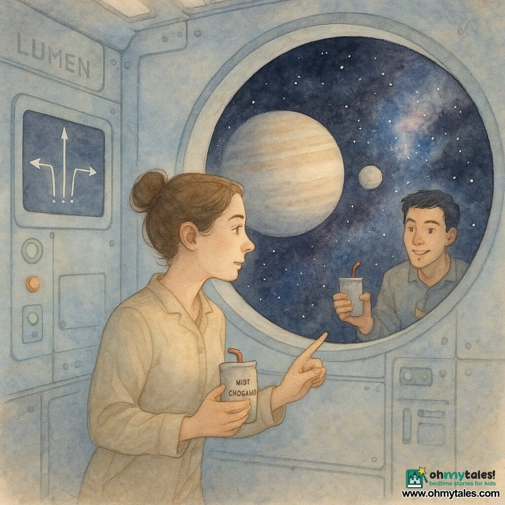 A young woman named Mira, about 28, with a soft, focused face and brown hair in a bun floats near a large window of the small research vessel Lumen holding a pouch of hot chocolate, while Jin, about 30, short black hair and a teasing smile, floats a few meters behind offering another pouch; the pale-blue metal interior has lit buttons and screens and a round porthole showing space like black velvet sprinkled with stars, a gas giant with a pale moon and a sparkling nebula; a nearby screen displays three thin pulsing light lines with arrows pointing in different directions, and Mira, attentive and determined, points at the screen deciding which of the three signals to explore, creating a calm, mysterious sense of adventure.