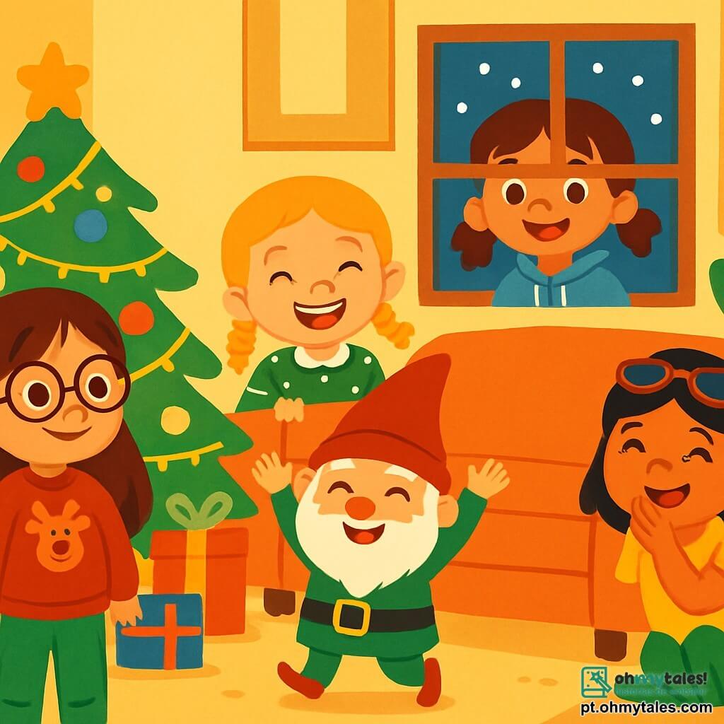 Há 5 personagens: Ana, uma menina de 7 anos com longos cabelos castanhos e óculos redondos, vestindo um suéter vermelho com um padrão de rena, perto da árvore de Natal, com olhos curiosos; Laura, uma menina de 6 anos com cabelos loiros trançados e um sorriso radiante, vestindo um vestido verde com bolinhas brancas, escondida atrás do sofá, pronta para rir; Sofia, uma menina de 8 anos com cabelos castanhos e rabos de cavalo, vestindo um moletom azul, observando o duende pela grande janela; Júlia, uma menina de 7 anos com cabelos negros e óculos de sol na cabeça, vestindo uma camiseta amarela, escondida atrás de uma planta verde, rindo suavemente; e o Duende Travesso, um pequeno duende com barba branca, usando um chapéu vermelho pontudo e um traje verde, no centro da sala, sorrindo e levantando os braços como se estivesse pronto para brincar. O cenário é uma sala aconchegante decorada para o Natal, com uma árvore iluminada por luzes brilhantes e enfeitada com bolas coloridas, presentes empilhados ao redor da árvore e flocos de neve caindo suavemente do lado de fora pela janela. A situação principal mostra as crianças brincando de esconde-esconde com o duende travesso, enquanto risadas ecoam pela sala enquanto o duende procura as meninas escondidas, com um ar travesso no rosto.