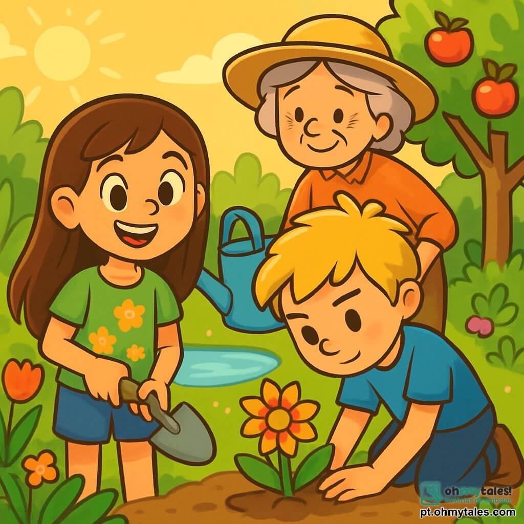 Uma menina de 10 anos, chamada Sofia, com longos cabelos castanhos e olhos brilhantes de curiosidade, sorri alegremente segurando uma pequena pá nas mãos. Ela veste uma camiseta verde vibrante com um padrão de flores e um short de jeans, mostrando seu entusiasmo pelo jardim. Ao seu lado, um menino de 10 anos, Lucas, com cabelos loiros bagunçados e uma camiseta azul, se ajoelha para plantar uma flor, exibindo uma expressão concentrada e determinada. Ao fundo, uma mulher idosa, Dona Maria, com cabelos grisalhos e um chapéu de palha, os observa com um sorriso gentil, segurando um regador cheio de água. O local é um jardim comunitário exuberante, repleto de plantas coloridas, flores vibrantes e árvores frutíferas, com um pequeno lago brilhante ao sol. A cena é iluminada por uma luz dourada, criando uma atmosfera calorosa e acolhedora. A situação principal mostra Sofia e Lucas plantando flores juntos, cercados pela vegetação, enquanto Dona Maria os incentiva, simbolizando o espírito de camaradagem e o amor pela natureza.