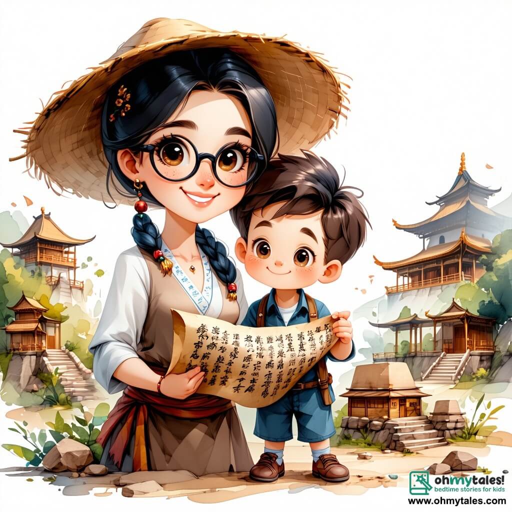 In the foreground, a passionate archaeologist, Dr. Mei Chen, is a woman in her thirties, with her black hair in a bun, round glasses, and a wide straw hat. She smiles in wonder, delicately holding an ancient silk scroll in her hands, her eyes shining with curiosity and excitement. Next to her, Leo, a ten-year-old boy with messy brown hair, watches the scroll with fascination, his eyes wide, while holding a small sketchbook in the other hand, ready to draw what he discovers. A bit further away, Mira, a nine-year-old girl with braids and a colorful t-shirt, kneels to examine a pottery fragment, her face focused and curious. Their scene takes place at a lush archaeological site, surrounded by majestic trees and wildflowers. The ground is scattered with pieces of pottery and ancient tools, and in the distance, white tents house their excavation equipment. The main situation shows Dr. Mei Chen unveiling the ancient scroll, revealing colorful illustrations and Chinese characters, while Leo and Mira eagerly approach, excited to learn more about the fascinating stories of the past.