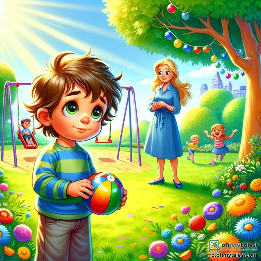 Un băiat de 4 ani, pe nume Andrei, cu părul brun și dezordonat și ochi mari și curioși, stă în centrul imaginii, ținând o minge colorată în mâinile sale mici. Fața lui exprimă confuzie și ezitare, cu o ușoară încruntare a sprâncenelor și gura întredeschisă. Lângă el, mama lui, o femeie de aproximativ 30 de ani, cu părul lung și blond, poartă o rochie albastră și zâmbește blând în timp ce îi vorbește. Ea stă puțin înapoi, cu o mână pe șold, arătând că îl ascultă cu atenție. Fundalul este un parc însorit, plin de copaci verzi cu frunze strălucitoare, flori colorate și leagăne care se leagănă ușor în vânt. Copiii se joacă în depărtare, râzând și alergând pe iarbă. Situația principală îl arată pe Andrei privind mingea colorată, gândindu-se la ce trebuie să facă, în timp ce mama lui îi vorbește despre importanța sincerității. Atmosfera este veselă, dar cu o ușoară tensiune, în timp ce Andrei se confruntă cu alegerea sa.