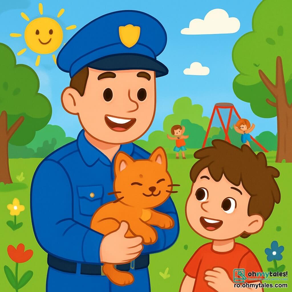 Un polițist pe nume Andrei, îmbrăcat într-un uniformă albastră și purtând o pălărie, zâmbește fericit în timp ce ține în brațe o pisicuță portocalie. Are ochii strălucitori și o expresie prietenoasă, arătându-și mândria pentru găsirea animalului pierdut. Lângă el, un băiat de 7 ani pe nume Mihai, cu părul brun ciufulit și un tricou roșu, privește pisicuța cu uimire, ochii săi strălucind de bucurie. Se află într-un parc verde, plin de copaci, flori colorate și un loc de joacă animat în fundal. Situația principală îi arată pe Andrei și Mihai sărbătorind succesul lor, înconjurați de râsetele copiilor care se joacă, în timp ce soarele strălucește pe un cer albastru.