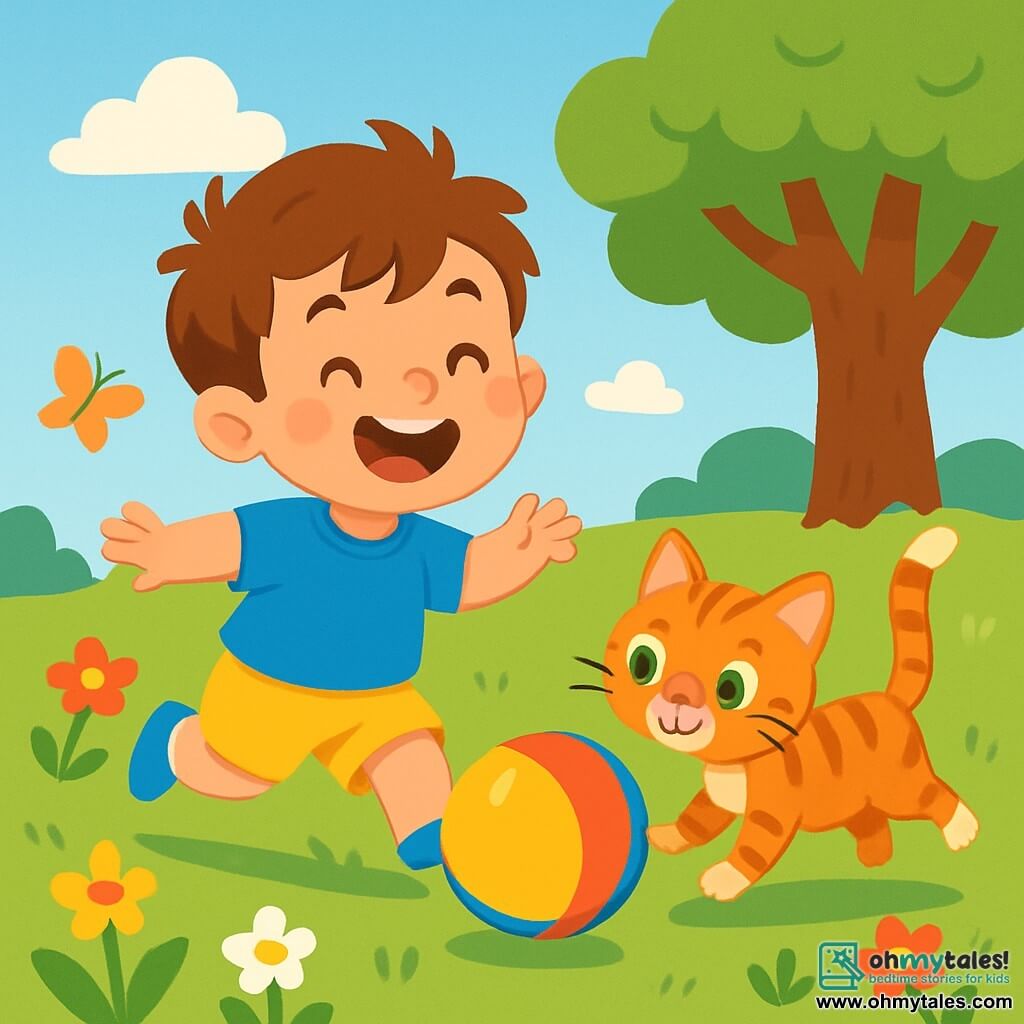 A 2-year-old boy with messy brown hair and sparkling joyful eyes runs in a lush garden, laughing heartily. He wears a bright blue t-shirt and yellow shorts, holding a shiny, colorful balloon that rolls ahead of him. Next to him, a small tabby cat named Daisy, with bright green eyes, joyfully leaps to catch the balloon, her delicate paws brushing the grass. The garden is filled with colorful flowers, butterflies fluttering around, and a majestic tree in the background under a clear blue sky dotted with fluffy white clouds. The scene captures the boy and the cat in full chase, the balloon bouncing happily, while the sun shines, illuminating their faces radiating with joy and excitement.